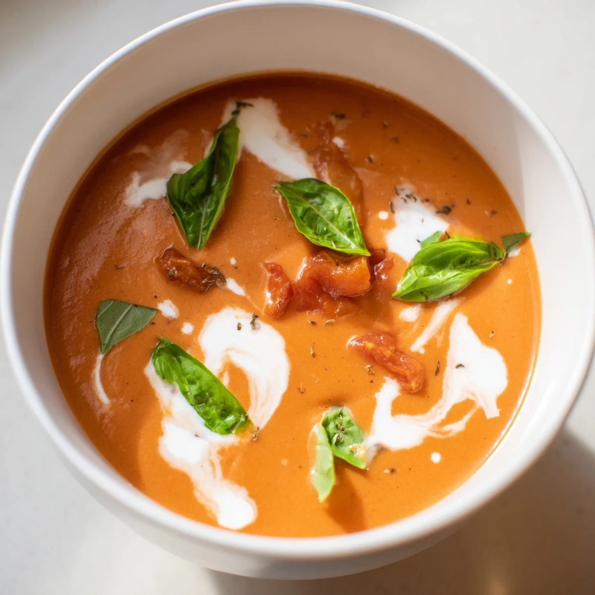 Roasted Garlic and Tomato Basil Soup in a rustic bowl, garnished with fresh basil and a drizzle of olive oil, perfect for cozy evenings.