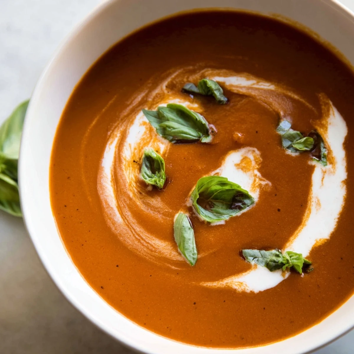 A close-up of Roasted Garlic and Tomato Basil Soup, its velvety texture swirled with cream and topped with bright green basil leaves.