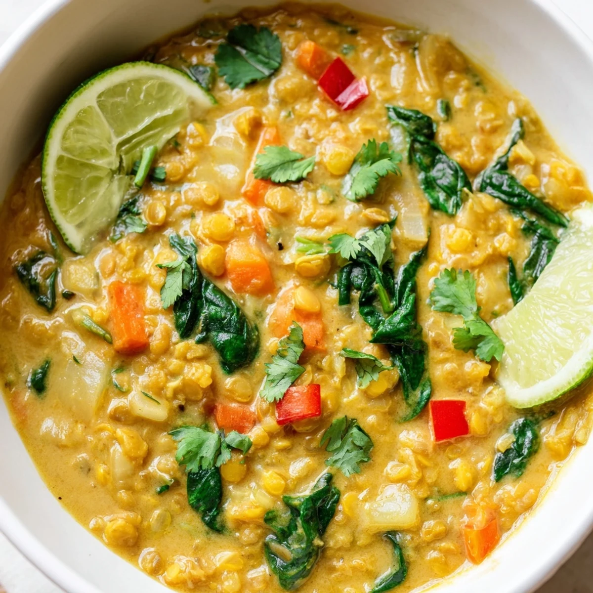 Coconut Curry Lentil Soup with Spinach simmers in a pot, showcasing creamy orange broth, tender lentils, and vibrant green spinach leaves.