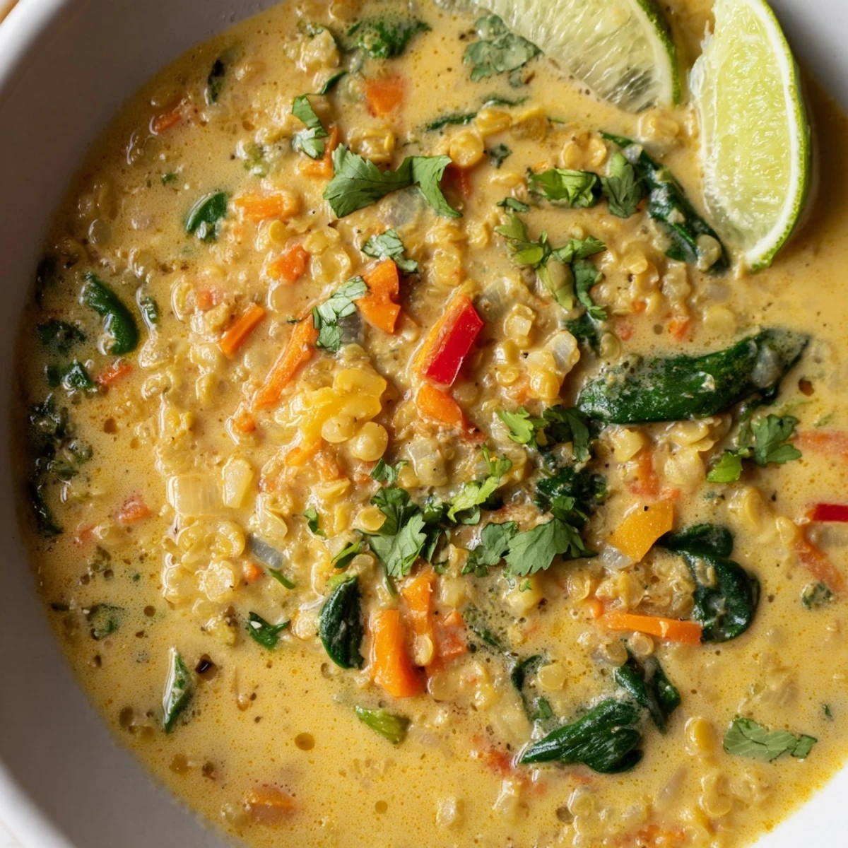 A warm bowl of Coconut Curry Lentil Soup with Spinach garnished with cilantro, steaming in a rustic bowl beside a lime wedge.