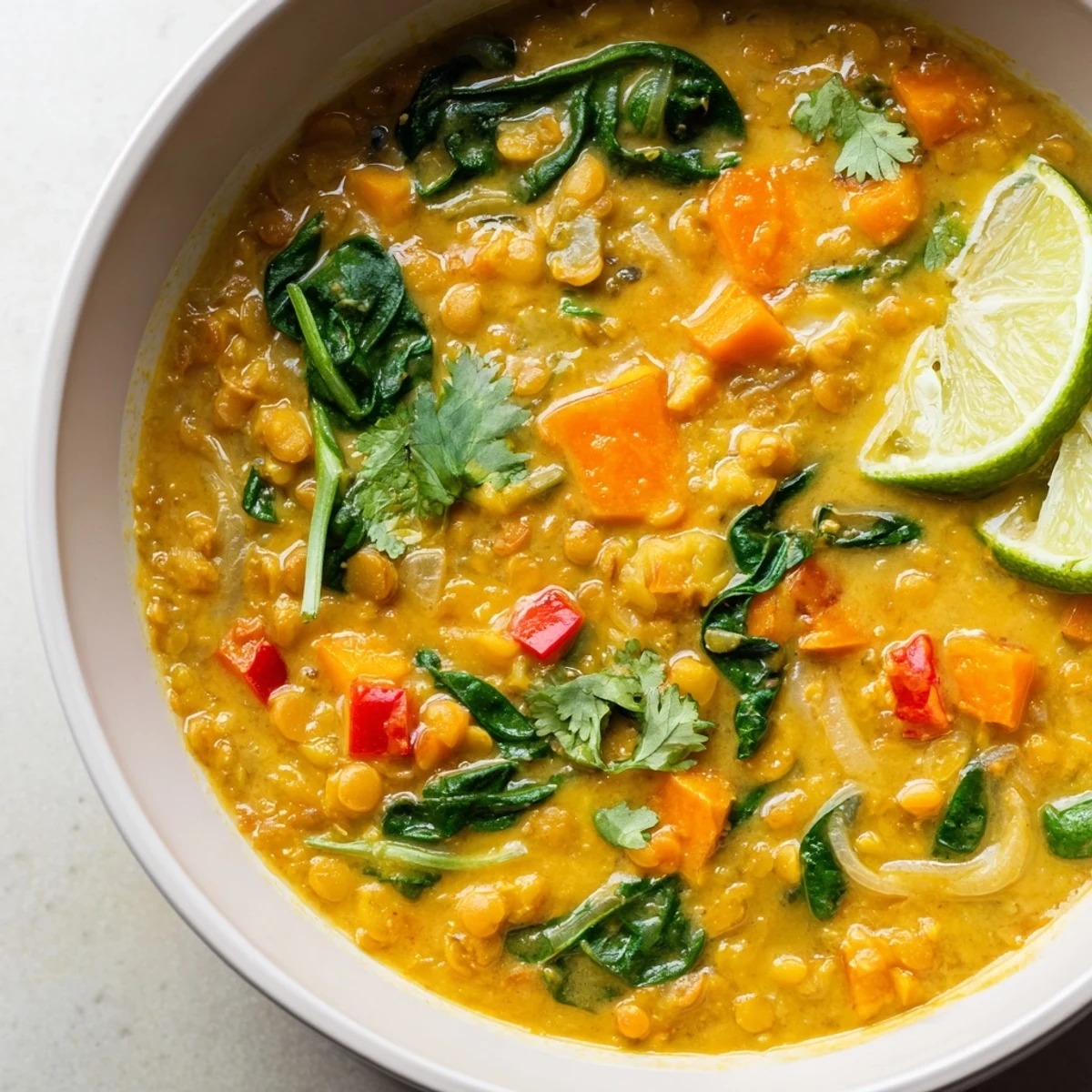 Close-up of Coconut Curry Lentil Soup with Spinach, highlighting the rich texture of lentils and wilted spinach in coconut milk broth.