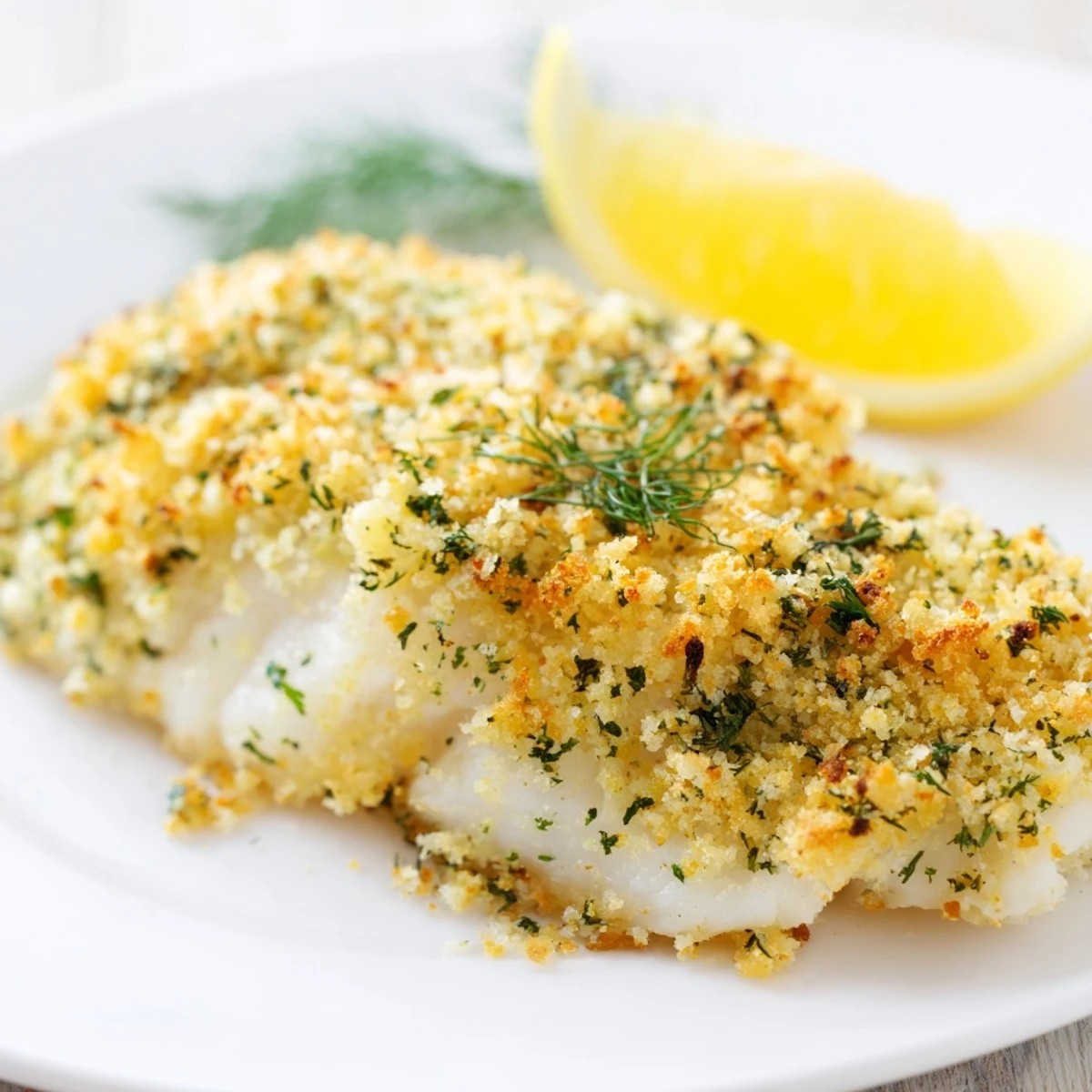 Freshly baked Baked Cod with Lemon Herb Panko Crumb in a dish, the panko crust perfectly crunchy next to tender, flaky fish.  