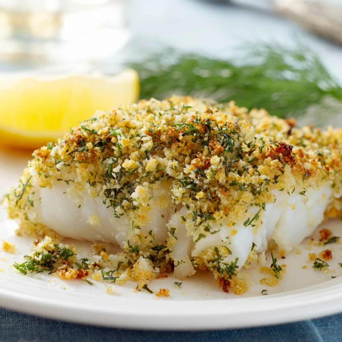 A close-up of Baked Cod with Lemon Herb Panko Crumb, highlighting the zesty lemon-herb crumb topping and golden, flaky cod texture.