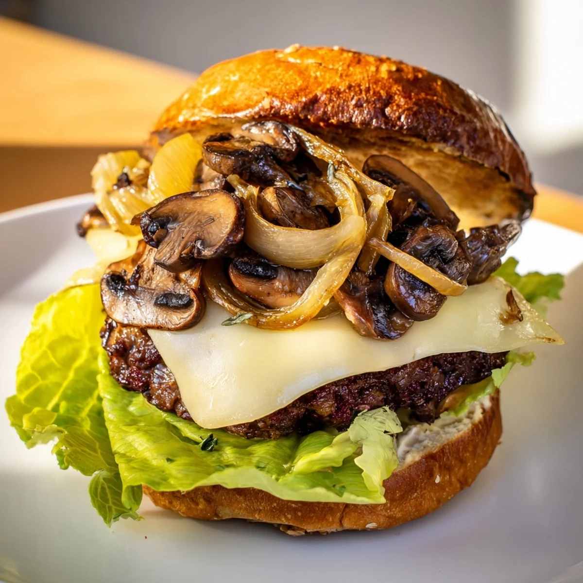 A juicy Mushroom and Swiss Burger with caramelized onions sits on a toasted bun, garnished with fresh thyme.