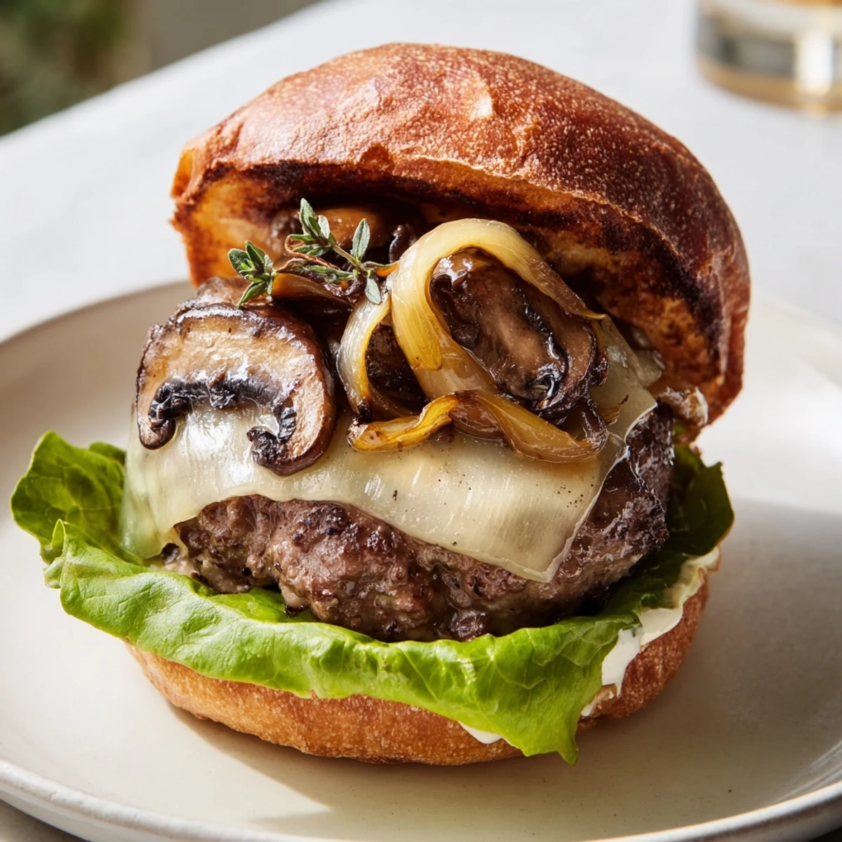 Mushroom and Swiss Burger features sautéed mushrooms and melty Swiss cheese, piled high on a toasted bun.