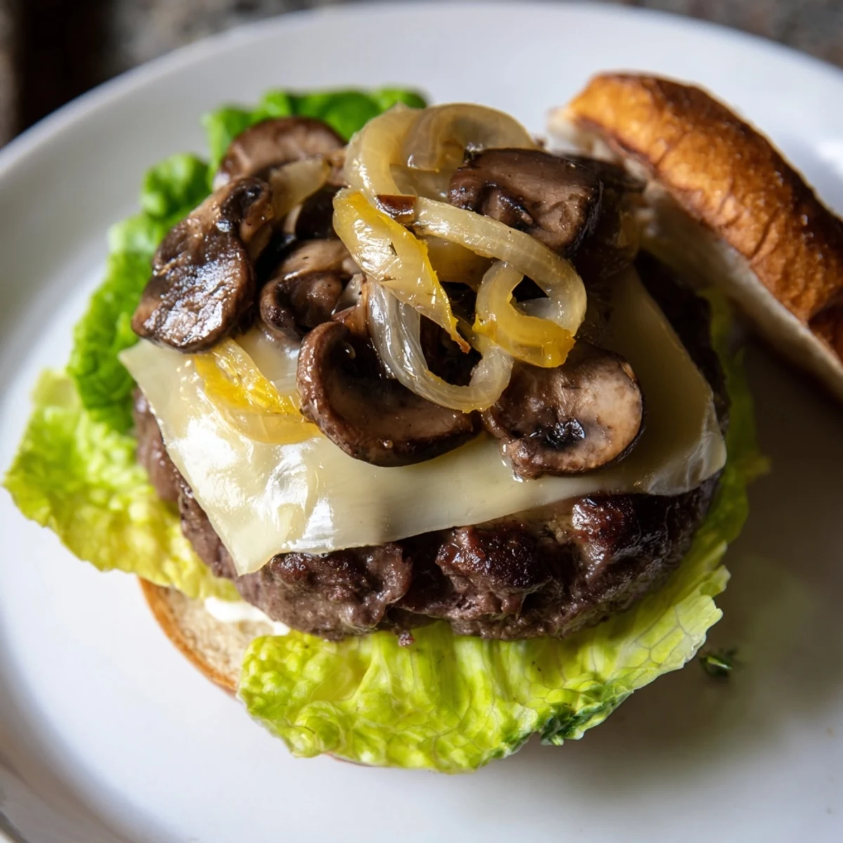 A plated Mushroom and Swiss Burger with caramelized onions, served with lettuce and golden fries on the side.