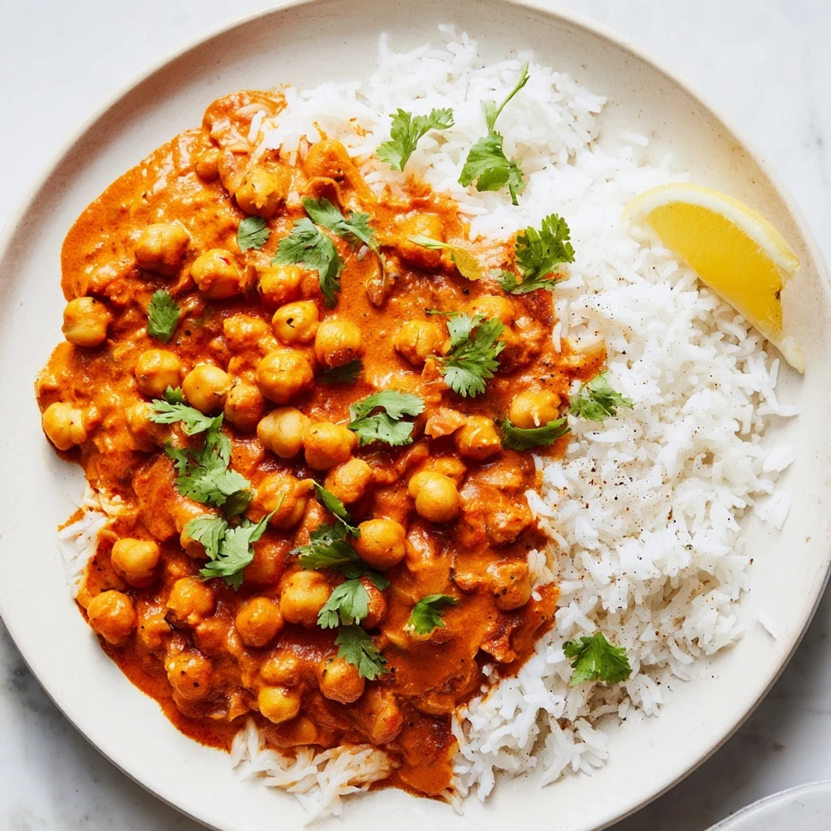 Creamy Vegan Chickpea Tikka Masala with fluffy basmati rice, topped with fresh cilantro and lemon wedges.