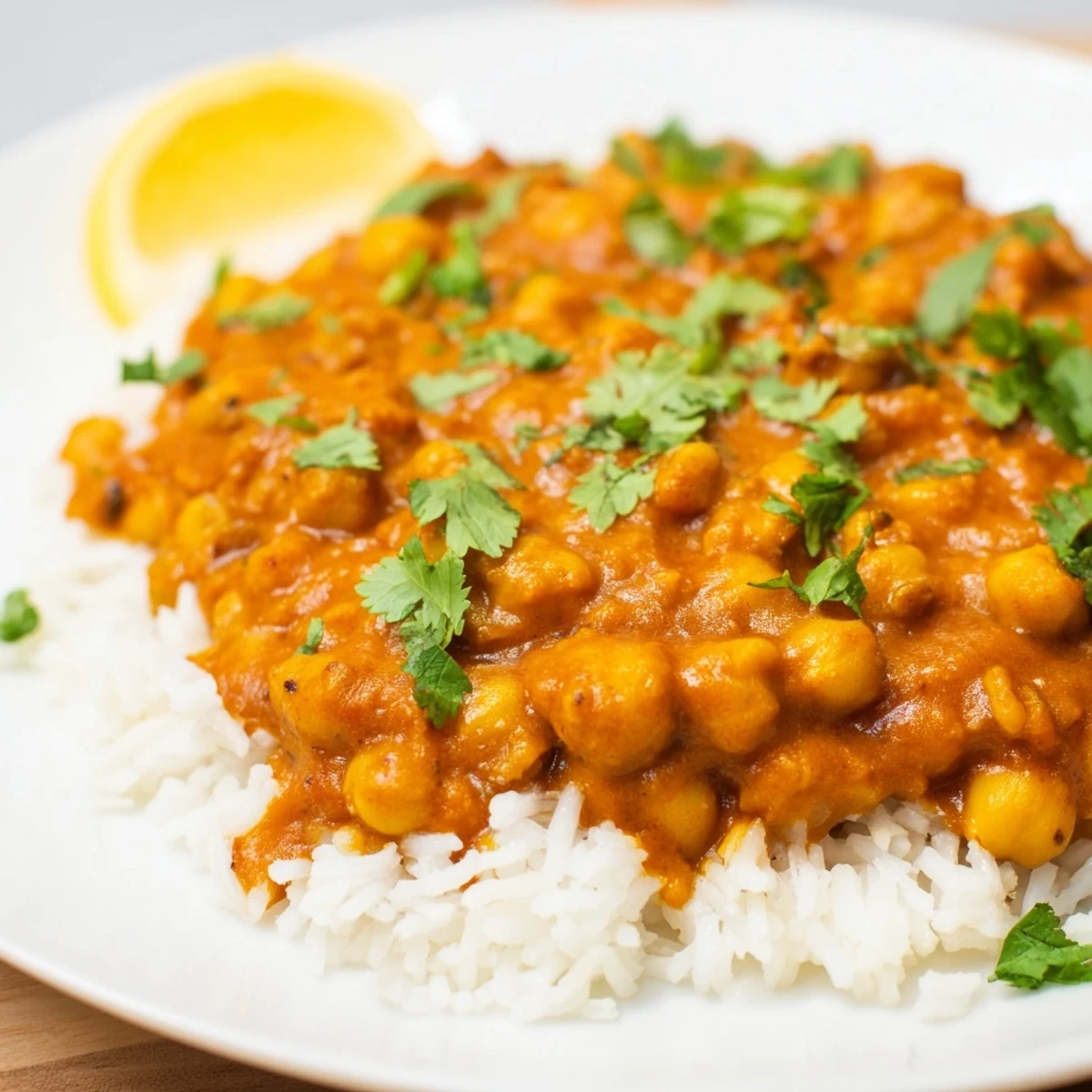A hearty skillet of Vegan Chickpea Tikka Masala simmering, with steam rising and bright spices mingling with basmati rice.