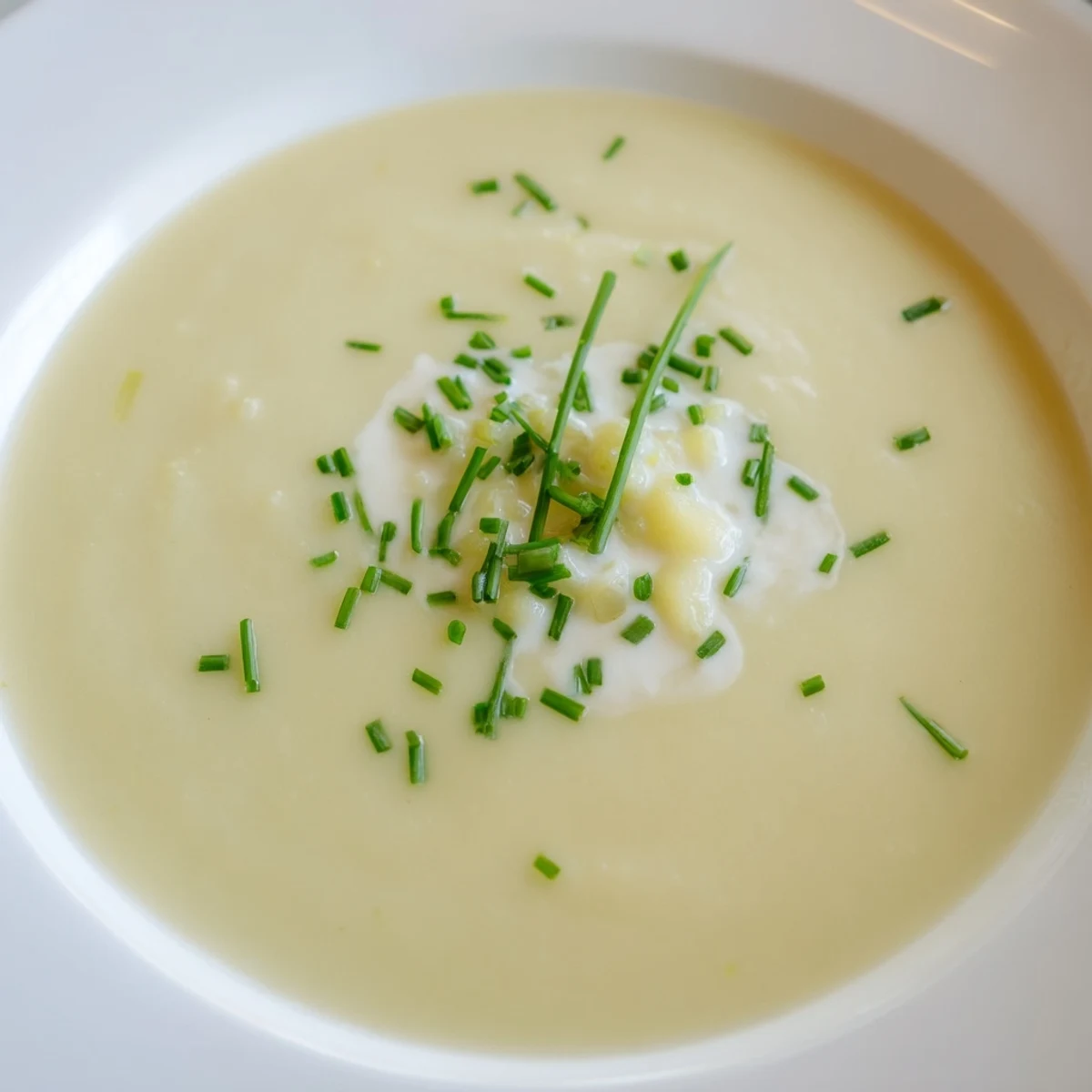 Creamy Potato Leek Soup with Chives served hot in a rustic bowl, garnished with fresh chopped chives and a swirl of cream.