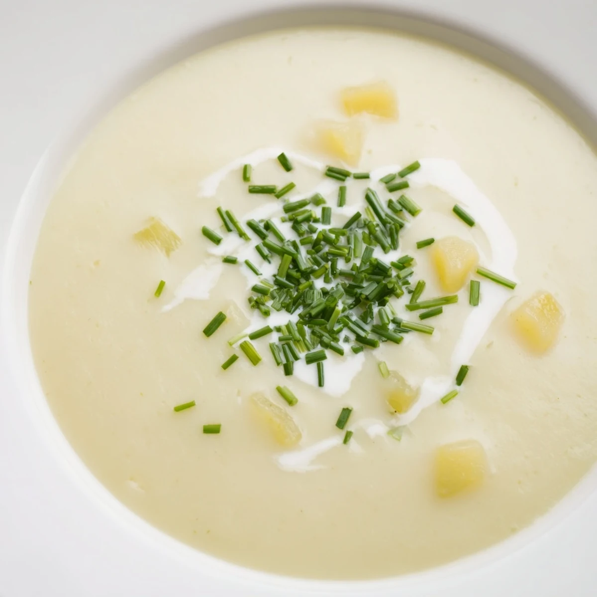 Homemade Creamy Potato Leek Soup with Chives, velvety and smooth, next to a slice of crusty bread for dipping.
