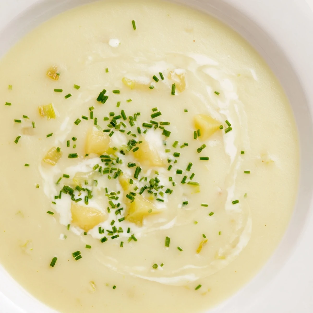 Steaming bowl of Creamy Potato Leek Soup with Chives, featuring tender potatoes and sweet leeks in a rich broth.