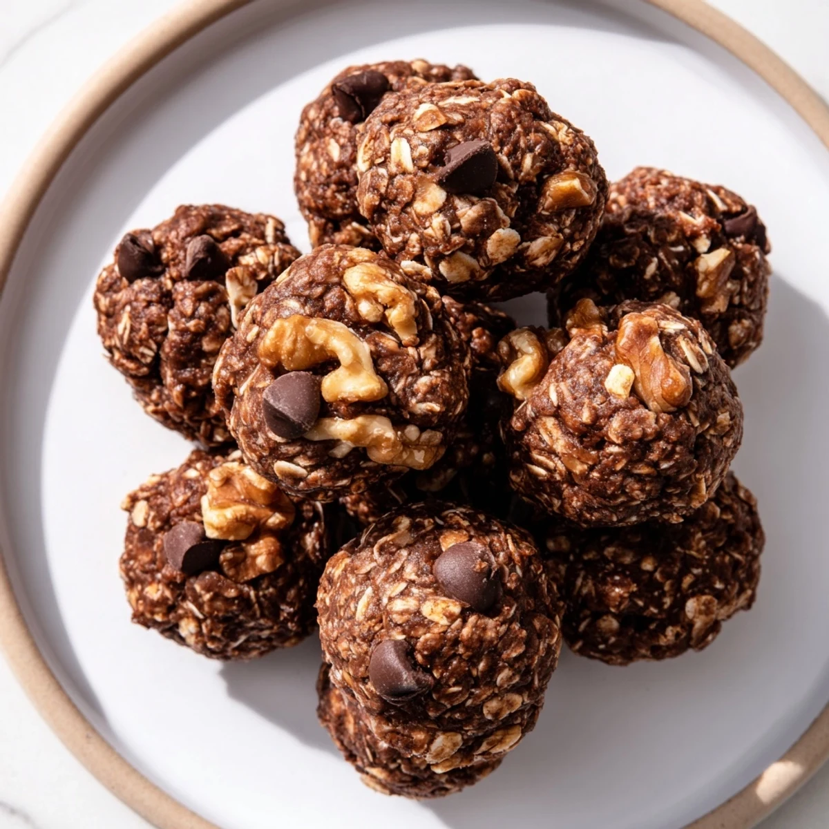 Freshly rolled Chocolate Peanut Butter Energy Balls with oats and mini chocolate chips are arranged on a white plate.