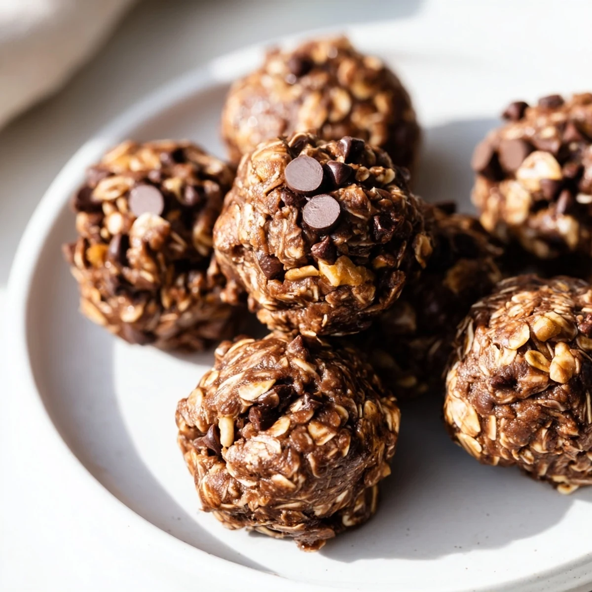 A bowl of chocolate peanut butter energy balls showcases a chewy texture and rich, fudgy appearance for a healthy snack.
