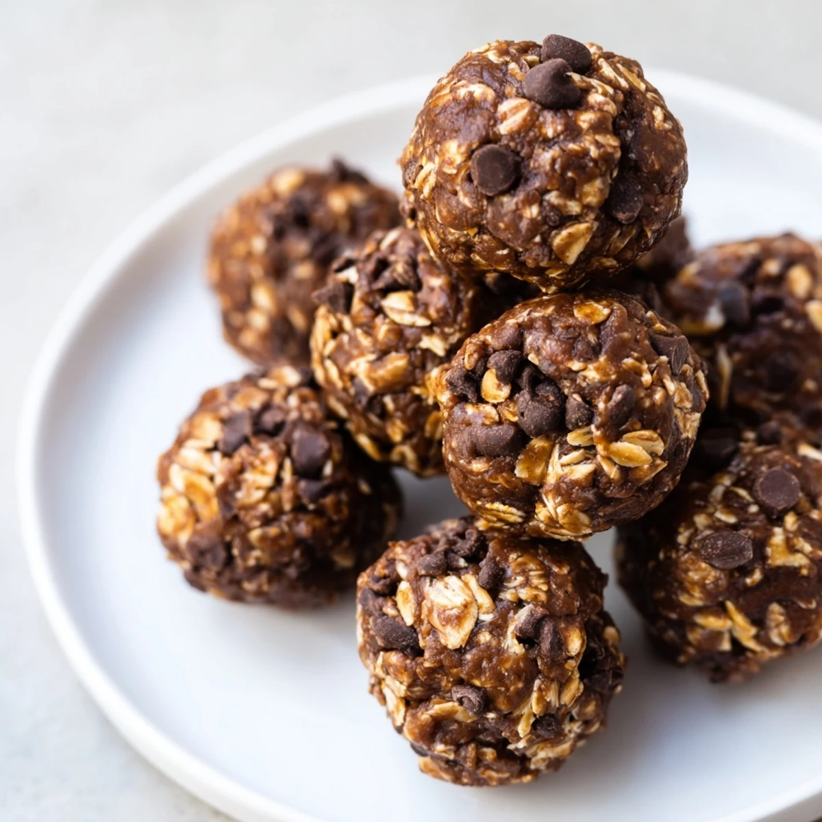 Five Chocolate Peanut Butter Energy Balls are displayed on a wooden board, ready for a quick post-workout treat.