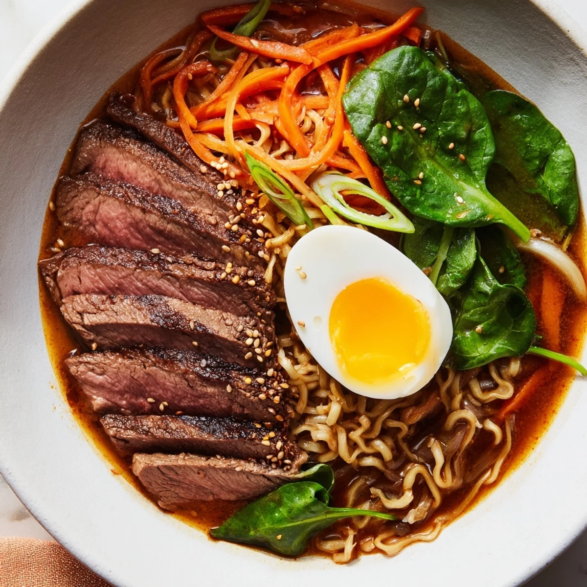 Close-up of a steaming bowl of Spicy Beef Ramen with Soft Boiled Egg, garnished with green onions and sesame seeds.