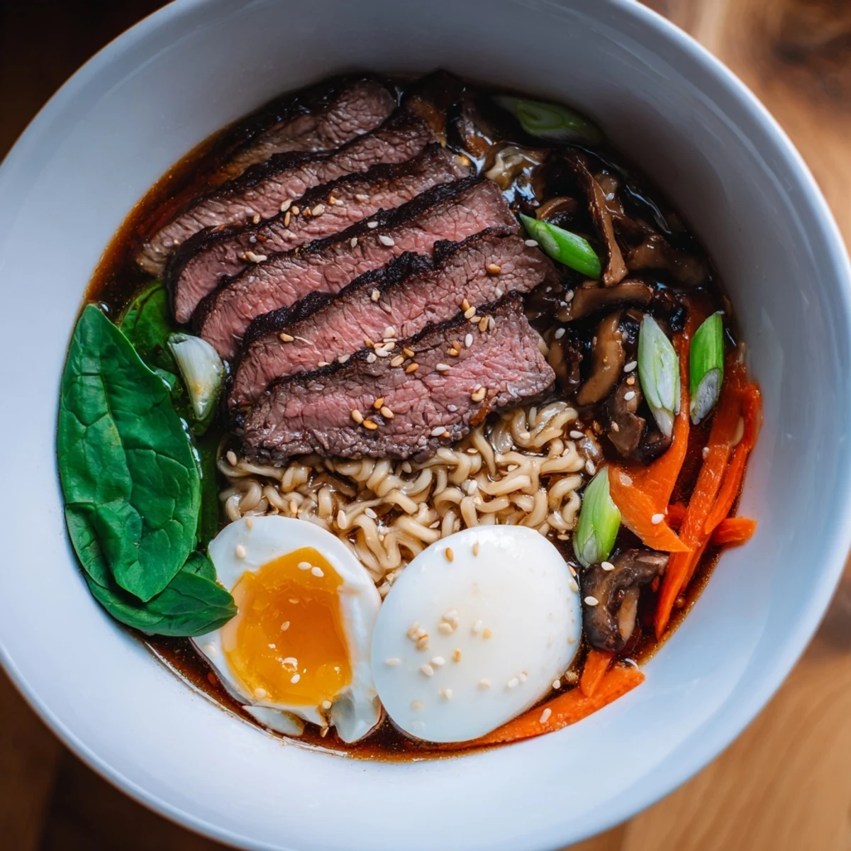 A serving of Spicy Beef Ramen with Soft Boiled Egg features tender beef slices and nori over chewy noodles.
