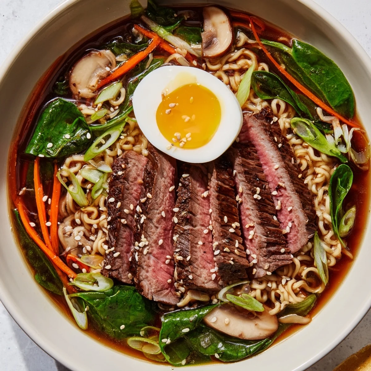 Aerial view of a hearty bowl of Spicy Beef Ramen with Soft Boiled Egg and vibrant toppings.