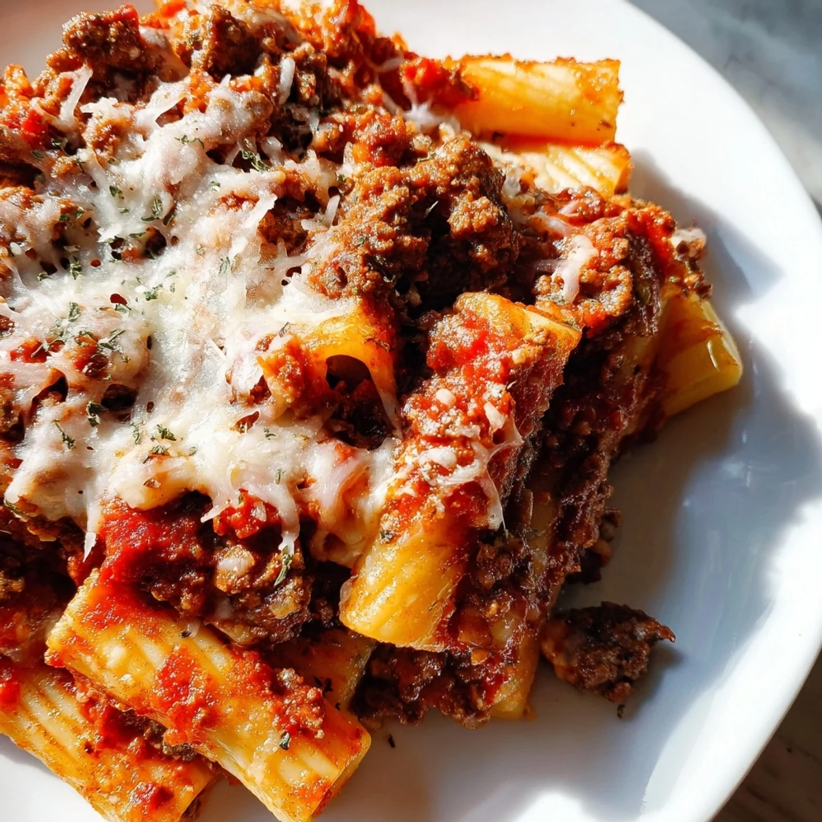 Freshly baked Baked Ziti with Ground Beef and Marinara emerging from the oven, featuring bubbling golden mozzarella and ricotta cheese with steam rising.