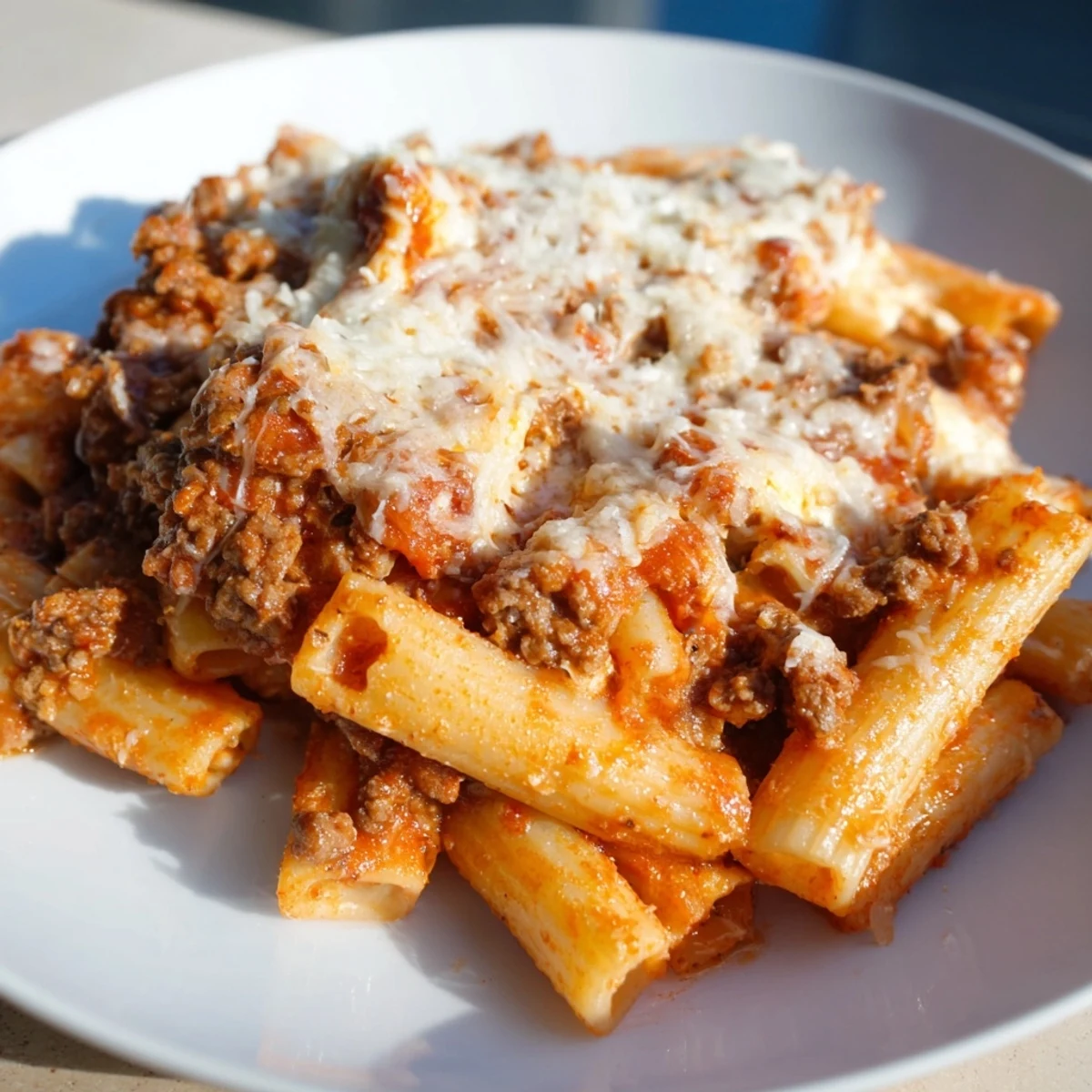 Hearty scoop of Baked Ziti with Ground Beef and Marinara showing layers of pasta, rich red sauce, and melted cheese blend.