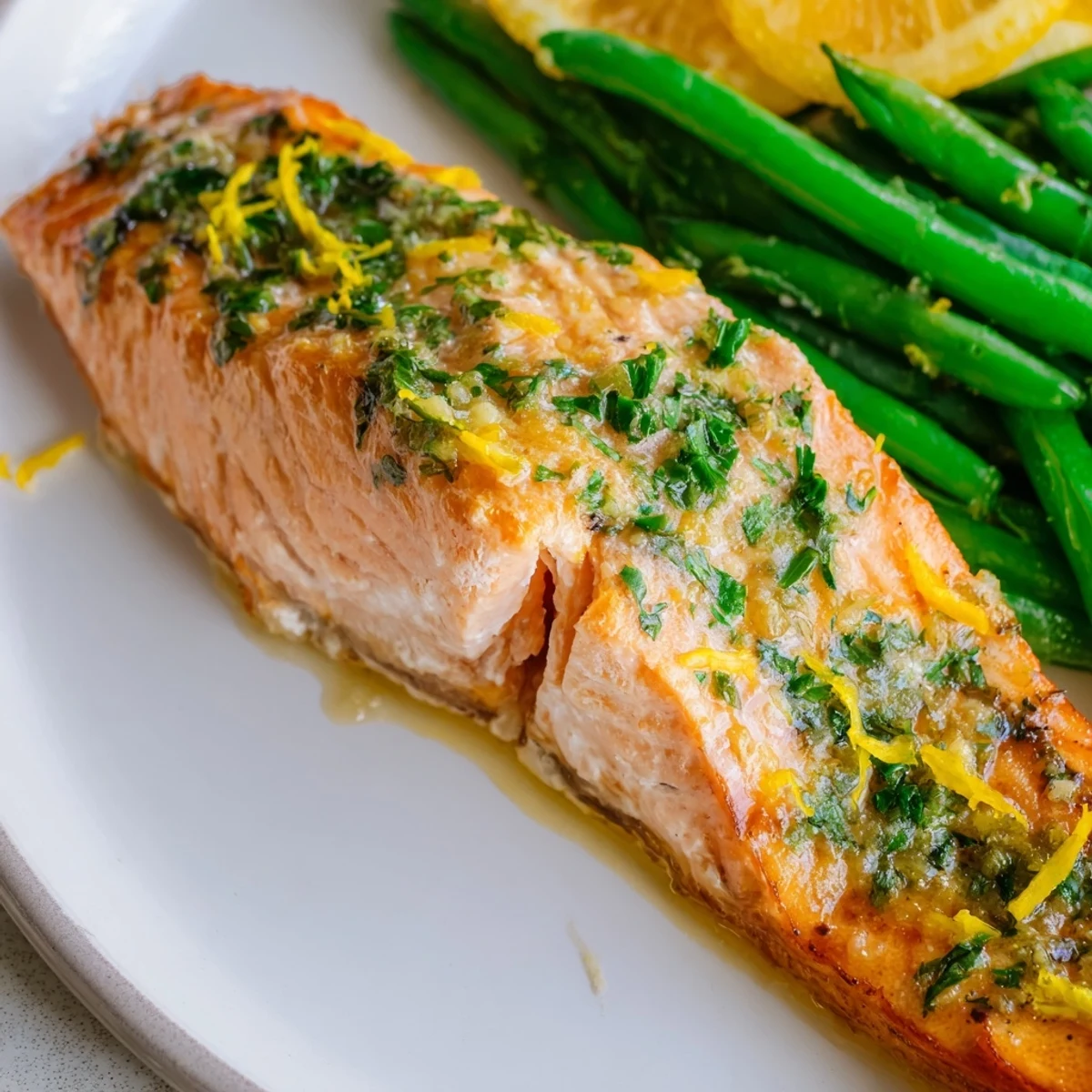 Flaky, tender Sheet Pan Salmon and crisp-tender green beans roasted with garlic and lemon, garnished with fresh parsley for a healthy dinner.