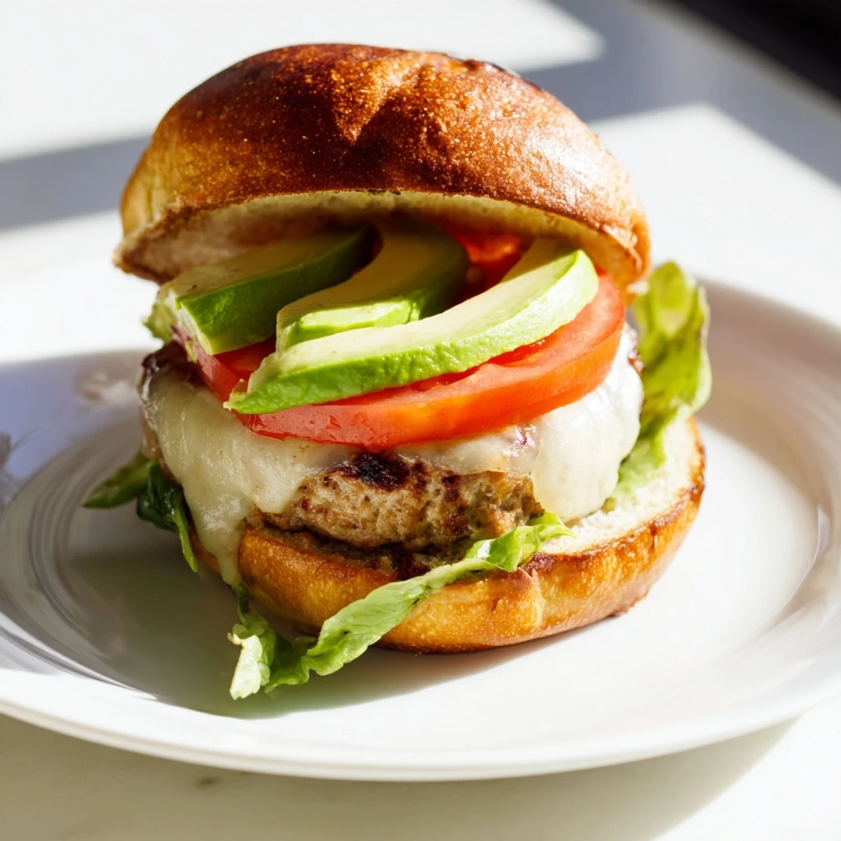Freshly grilled Turkey Burger with Avocado and Swiss Cheese on a toasted bun, with ripe avocado and tomato slices.
