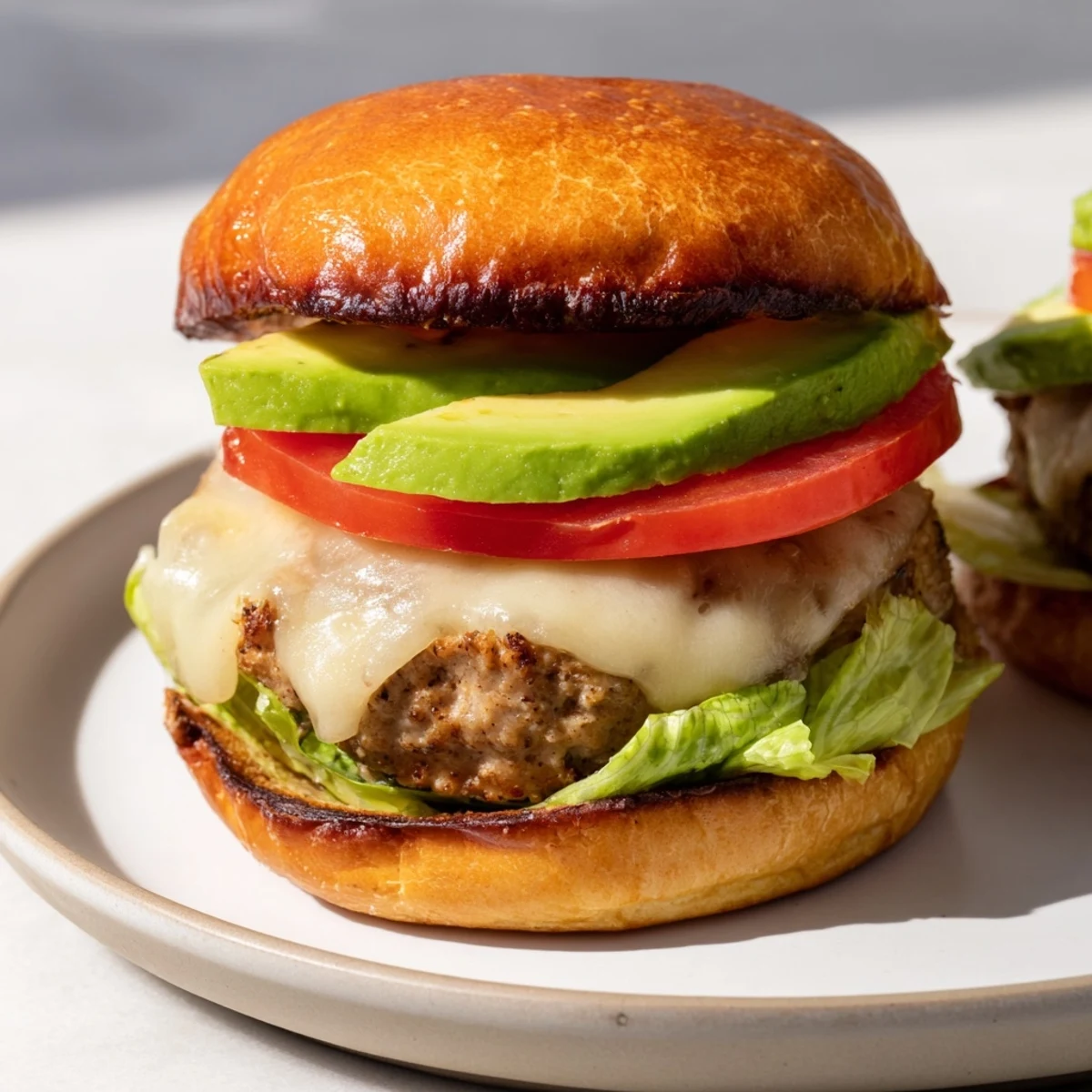 Golden-brown Turkey Burger with Avocado and Swiss Cheese on a toasted bun, topped with melted Swiss and fresh lettuce.