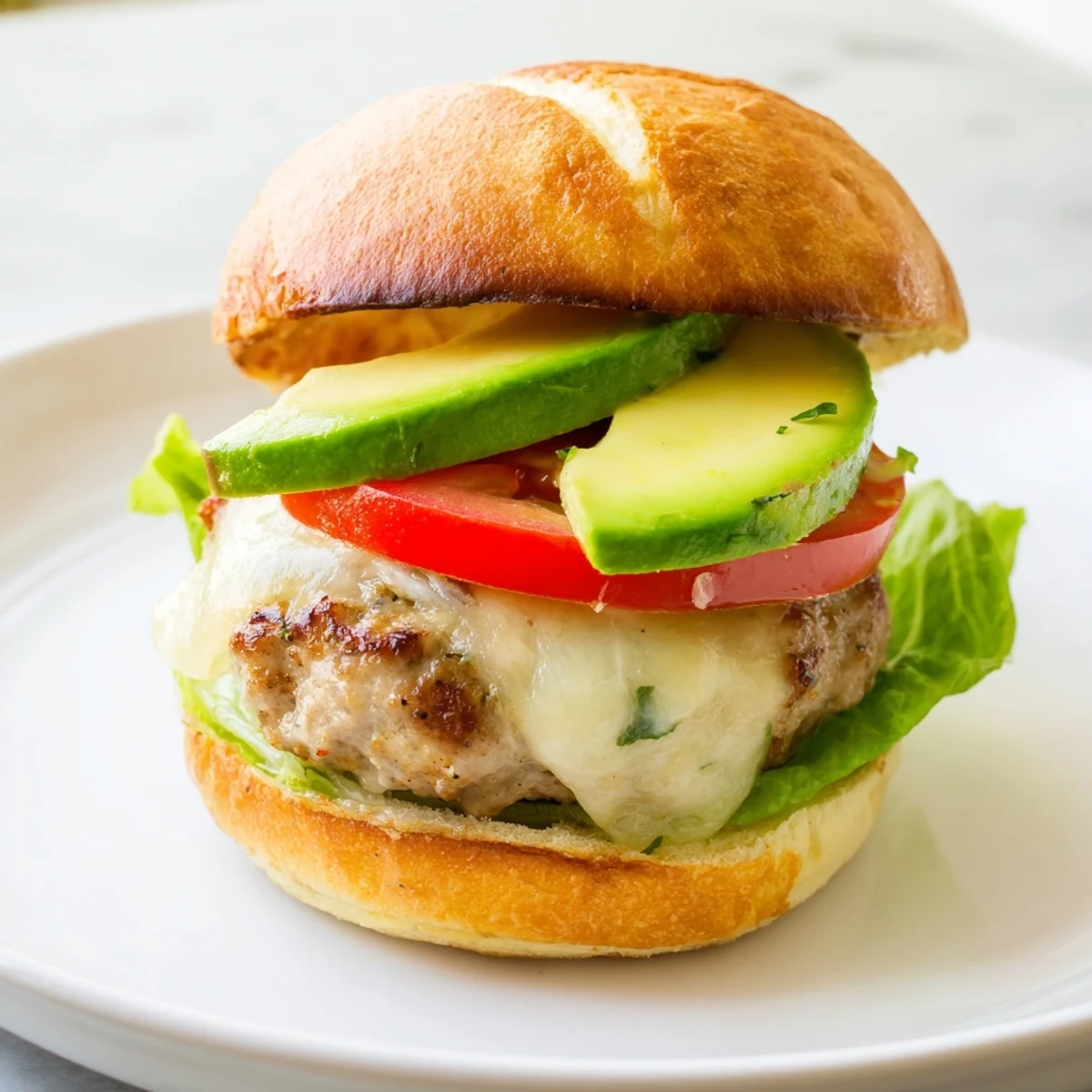 Turkey Burger with Avocado and Swiss Cheese served with tomato and avocado on a sesame bun, perfect for a weeknight meal.