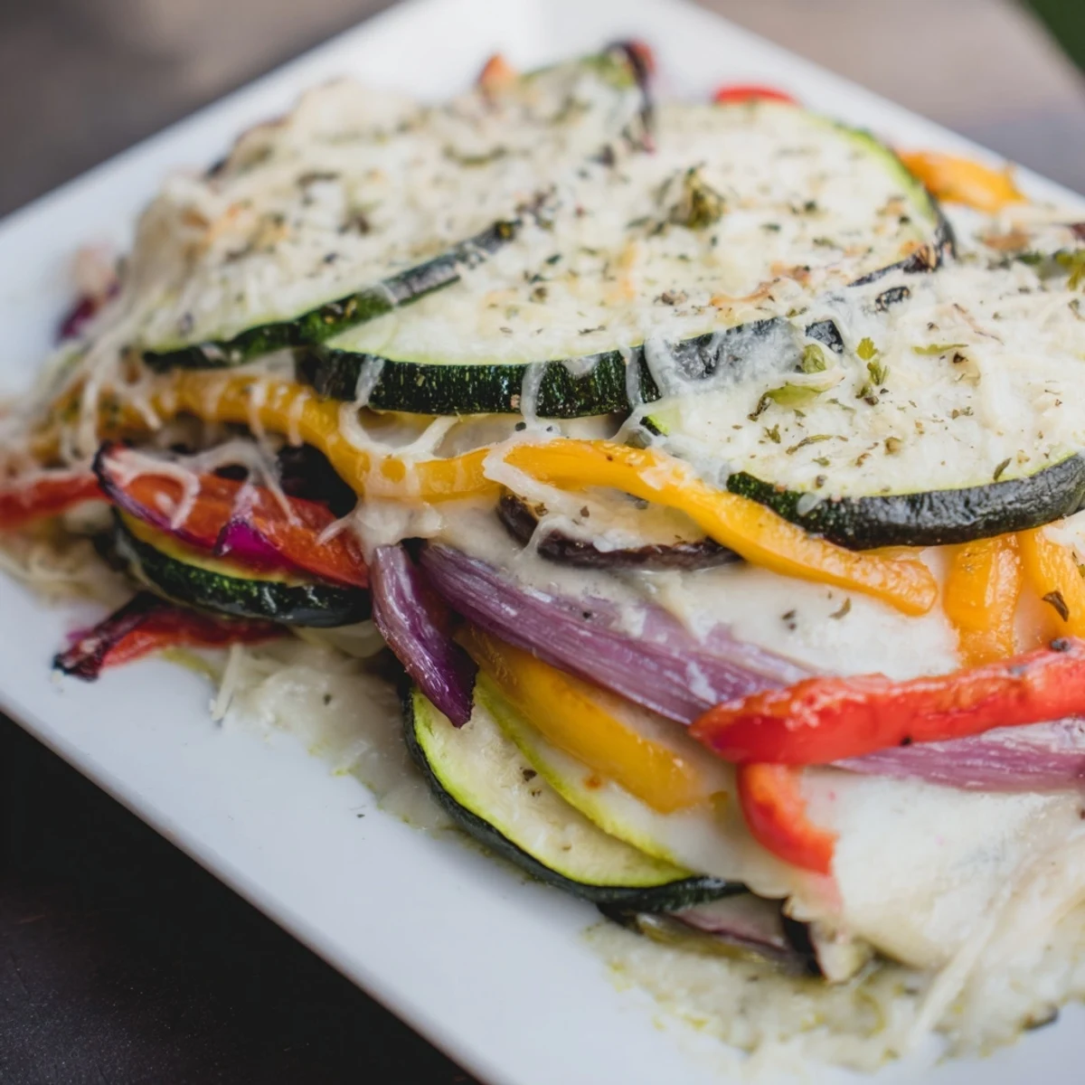 Golden, bubbling slices of Roasted Vegetable Lasagna with White Sauce reveal layers of tender veggies and creamy béchamel.