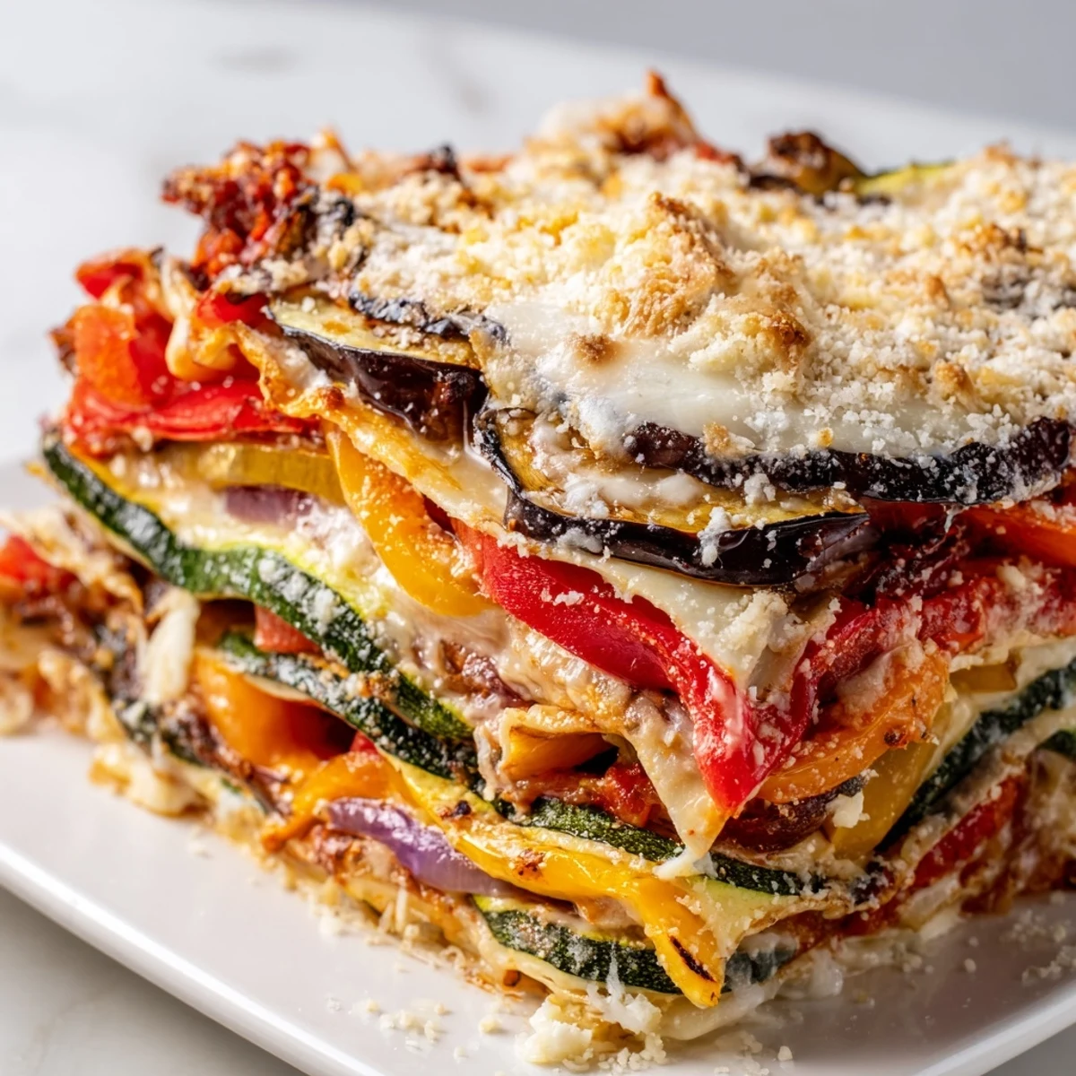 Close-up of Roasted Vegetable Lasagna with White Sauce highlights caramelized edges, melted mozzarella, and fresh basil garnish.