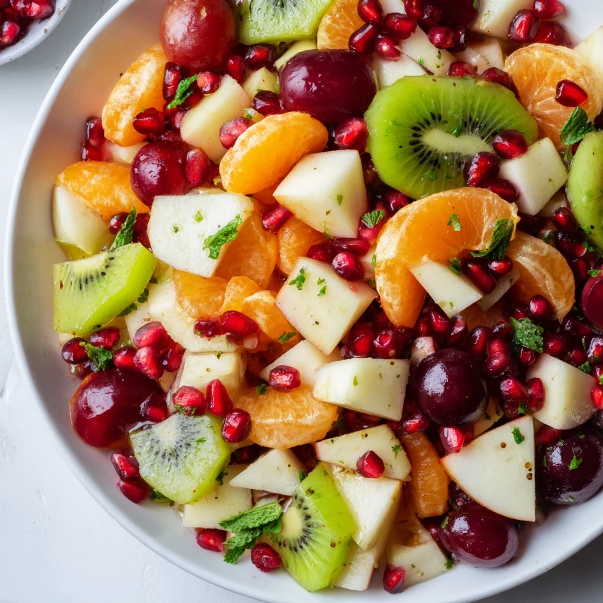 A vibrant Winter Fruit Salad with Honey Lime Dressing is tossed in a large bowl with juicy citrus slices and bright pomegranate arils for a refreshing winter side dish.