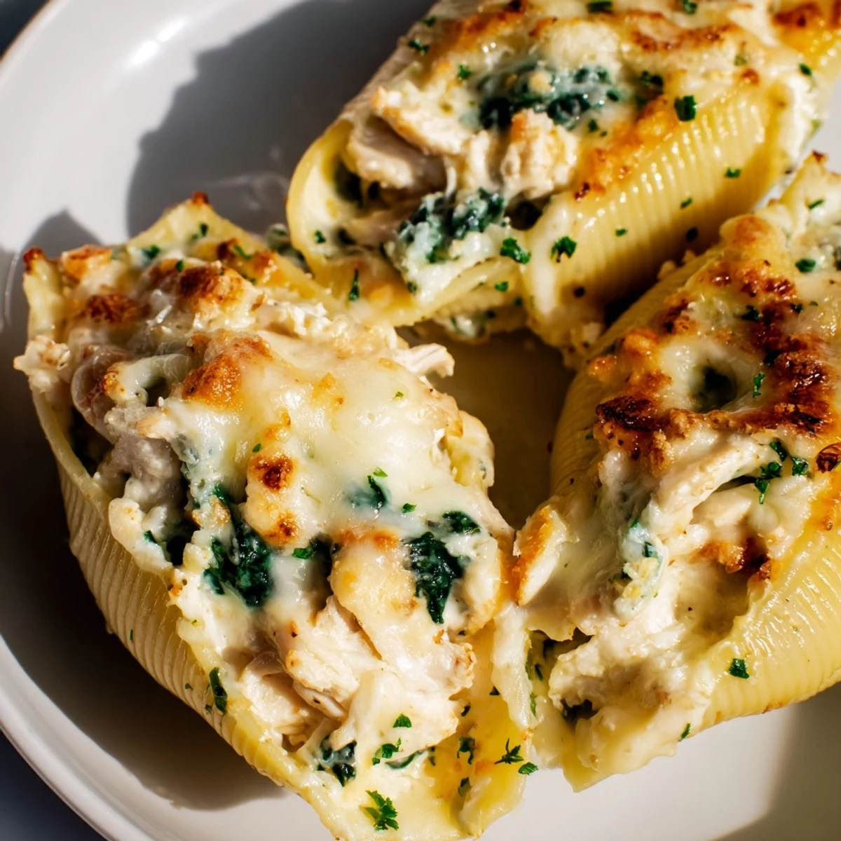 Golden-baked Chicken Alfredo Stuffed Shells with Spinach bubbling with creamy sauce and melted cheese.