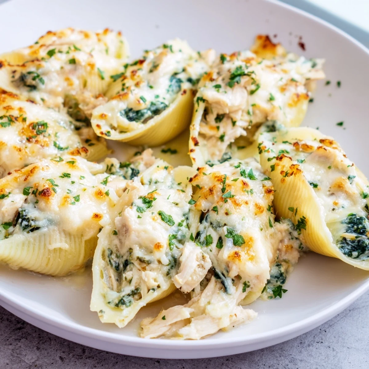 Tender pasta shells brimming with chicken spinach filling, served as a cozy Italian-inspired dinner.