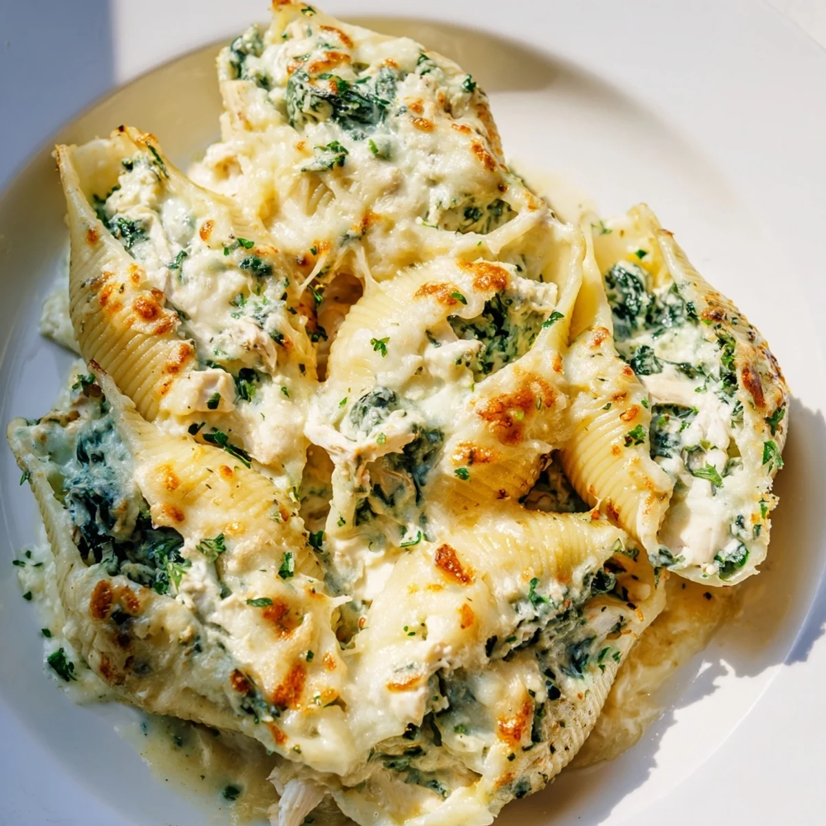 Close-up of Chicken Alfredo Stuffed Shells with Spinach topped with parsley, ready to serve with salad.