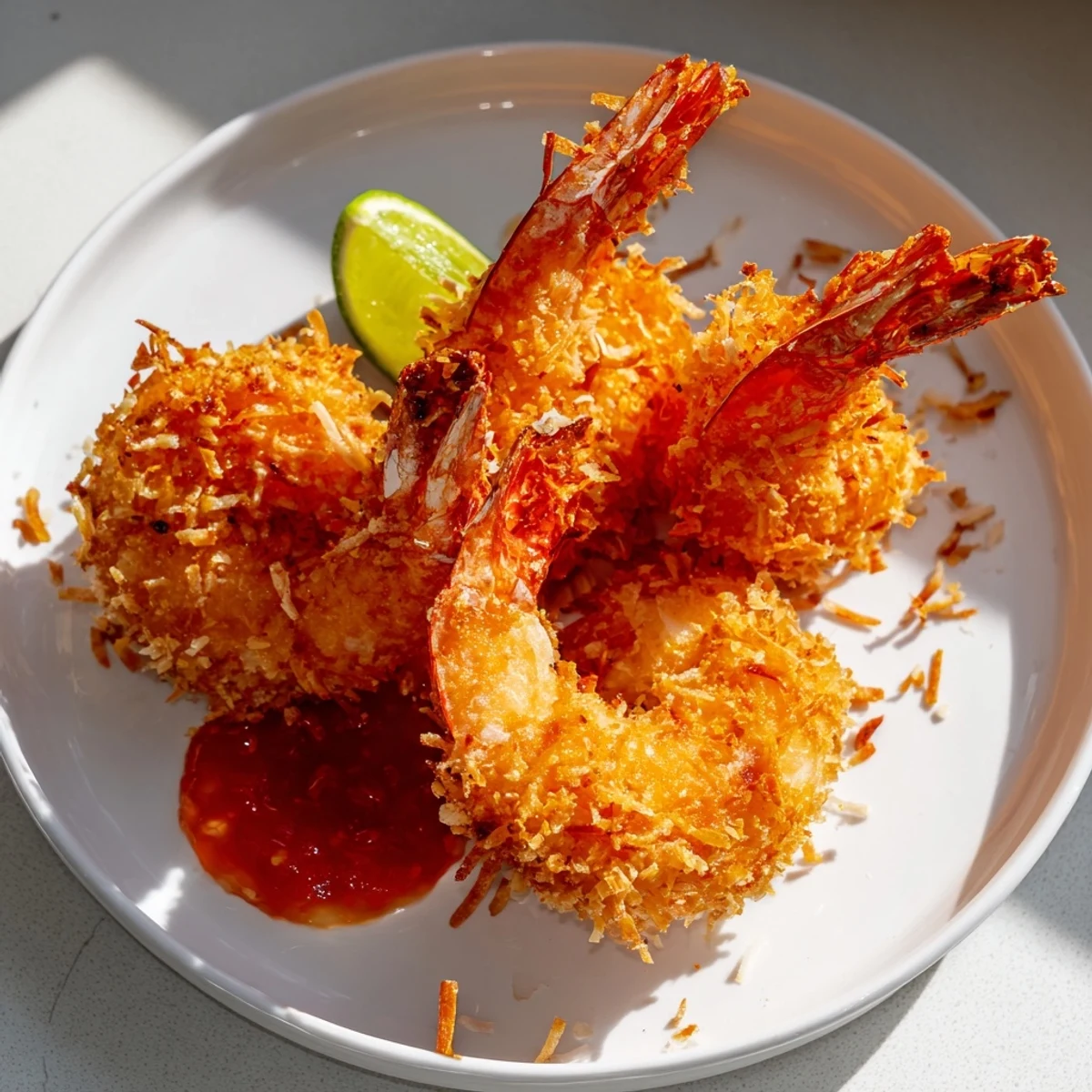 Golden, crispy Crispy Coconut Shrimp with Sweet Chili Sauce piled high on a white platter with lime wedges and fresh cilantro garnish.