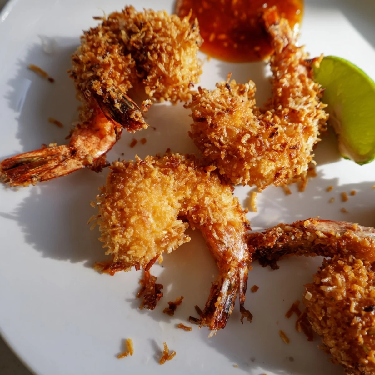 Golden-brown Crispy Coconut Shrimp with Sweet Chili Sauce served alongside dipping sauce on a rustic wooden serving board for party appetizers.