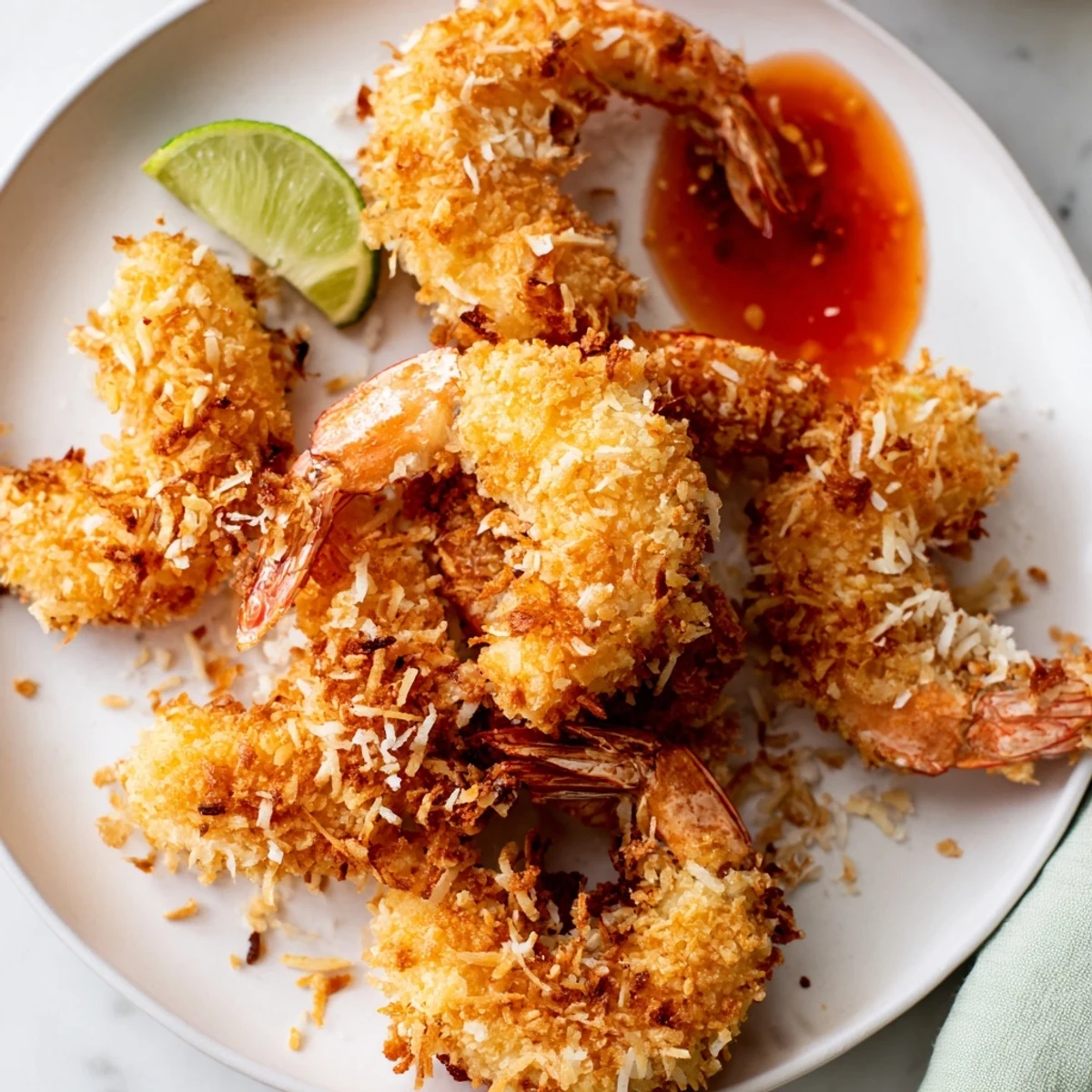 Close-up of crunchy Crispy Coconut Shrimp with Sweet Chili Sauce dipped in tangy orange-red sauce, showing coconut and panko textures.