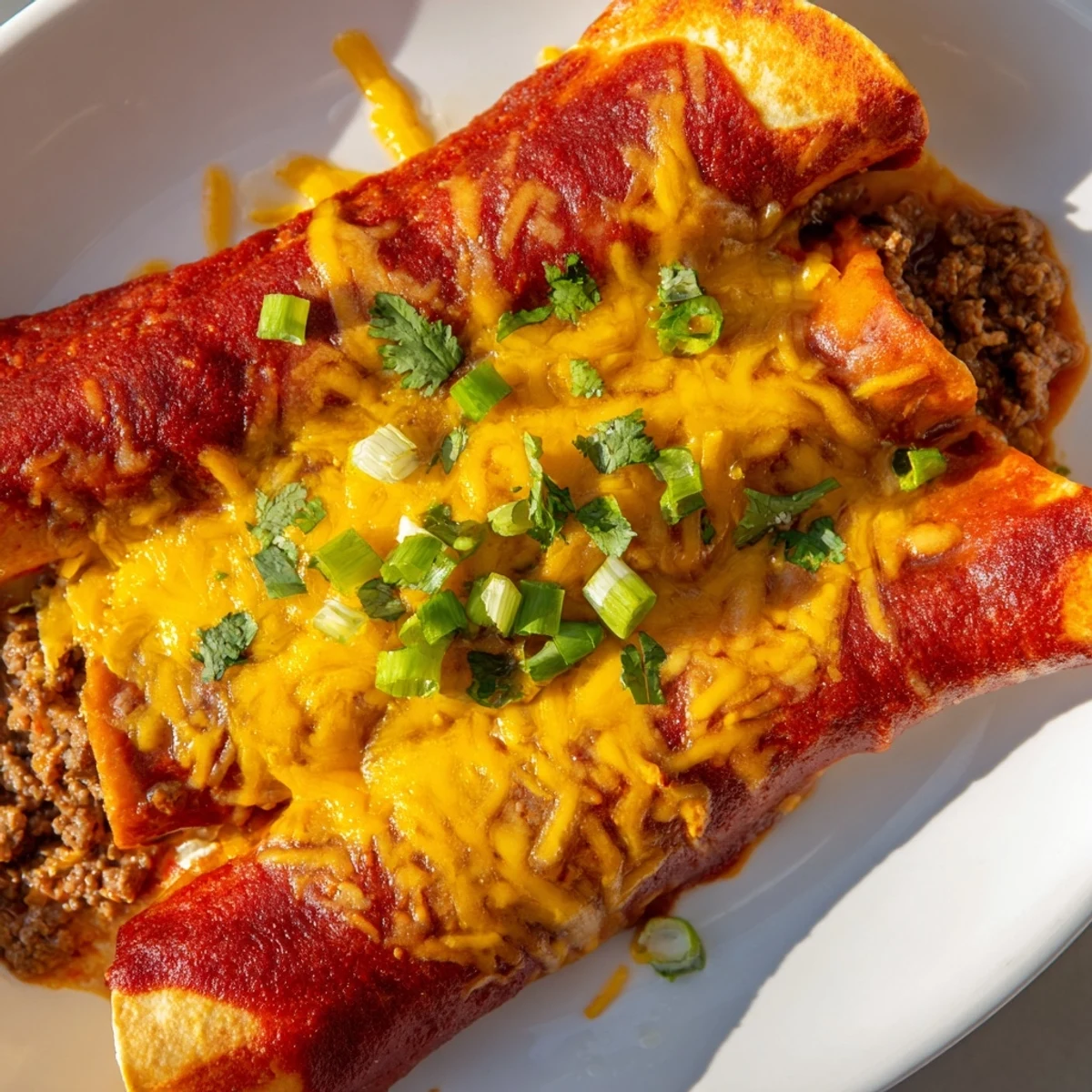 Golden-baked Beef Enchiladas with Red Enchilada Sauce bubble in a dish, garnished with fresh cilantro for a classic Mexican dinner.