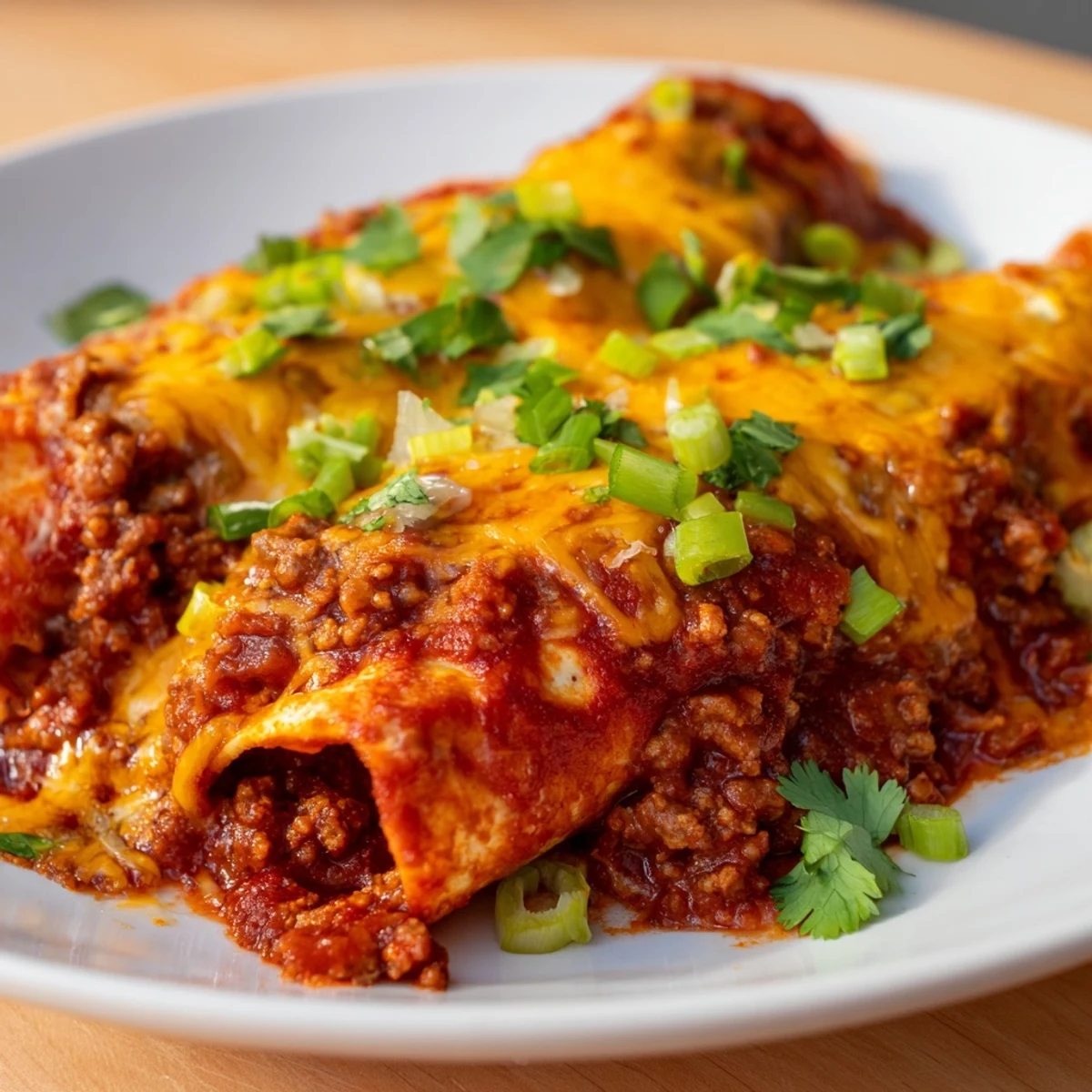 Saucy Beef Enchiladas with Red Enchilada Sauce are ready to serve, topped with melted cheese and green onions alongside sour cream.