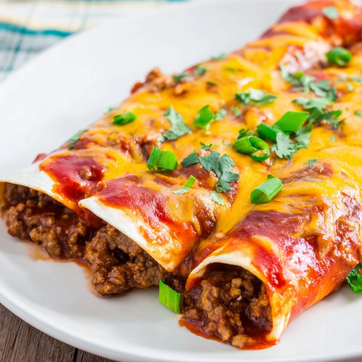 A close-up reveals the savory beef filling inside Beef Enchiladas with Red Enchilada Sauce, steaming on a festive plate.