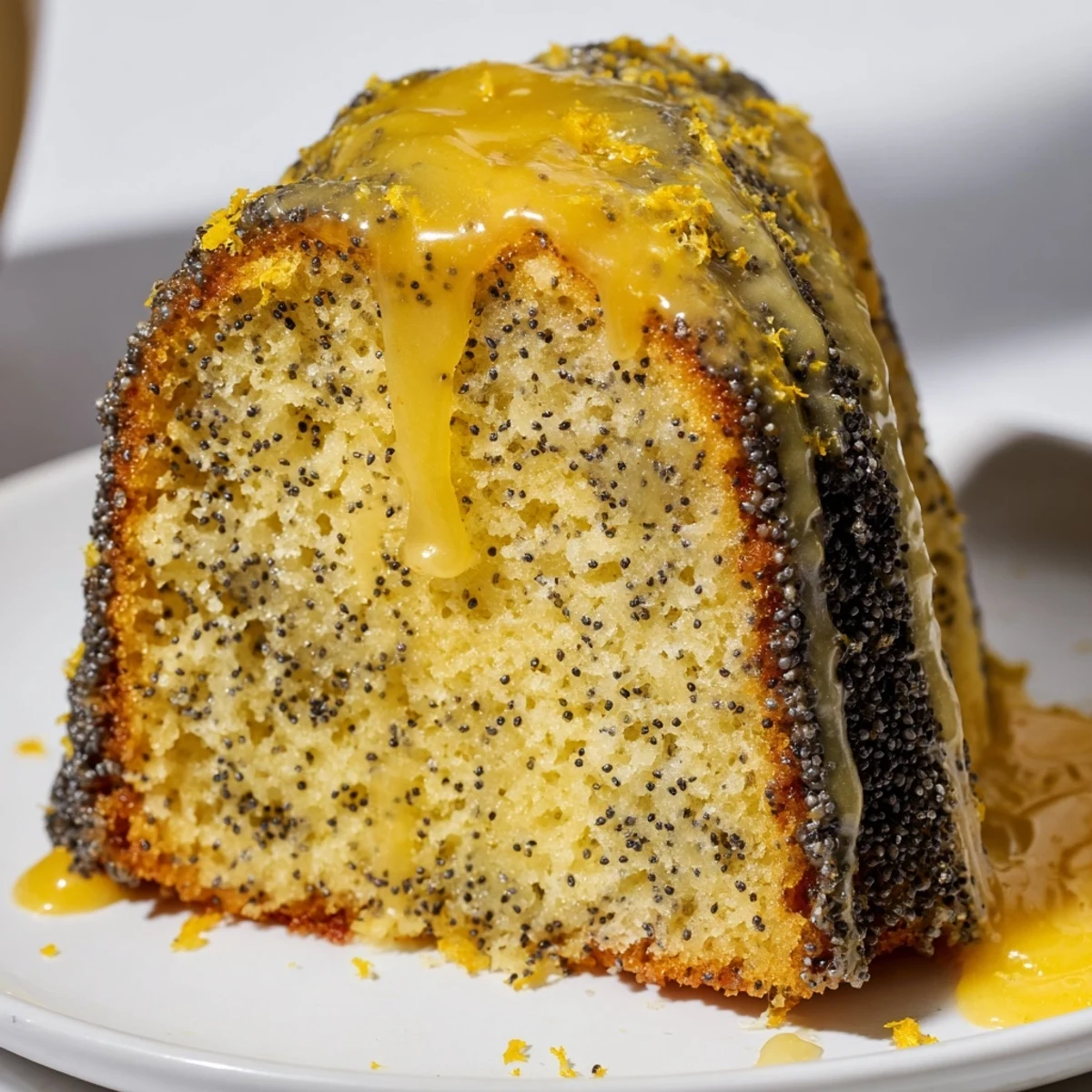 A glazed Lemon Poppy Seed Bundt Cake cut into a slice, revealing a tender, moist crumb flecked with crunchy poppy seeds.