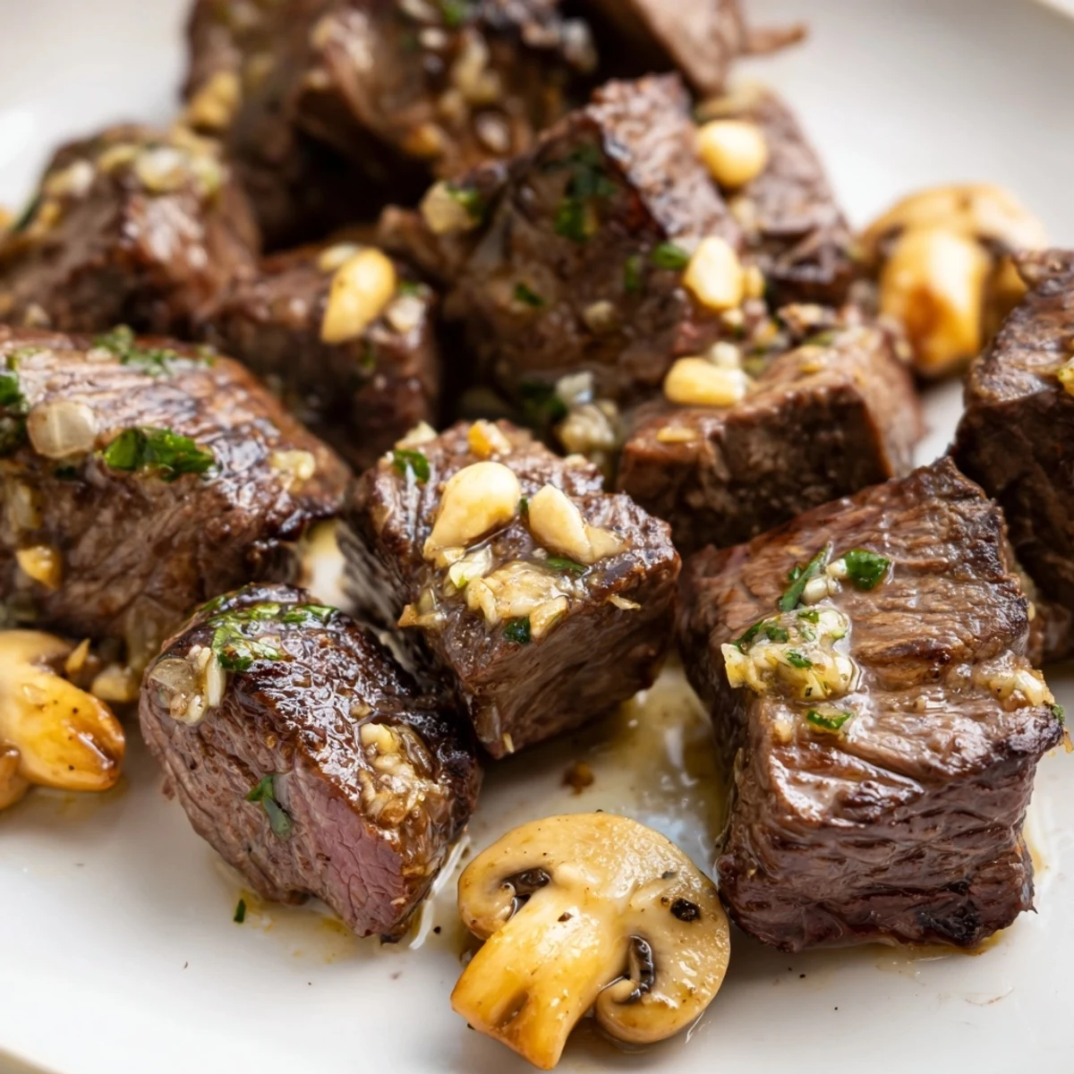 Golden brown Garlic Butter Steak Bites with Mushrooms tossed in a rich buttery garlic sauce, ready to serve over creamy mashed potatoes for a comforting dinner.