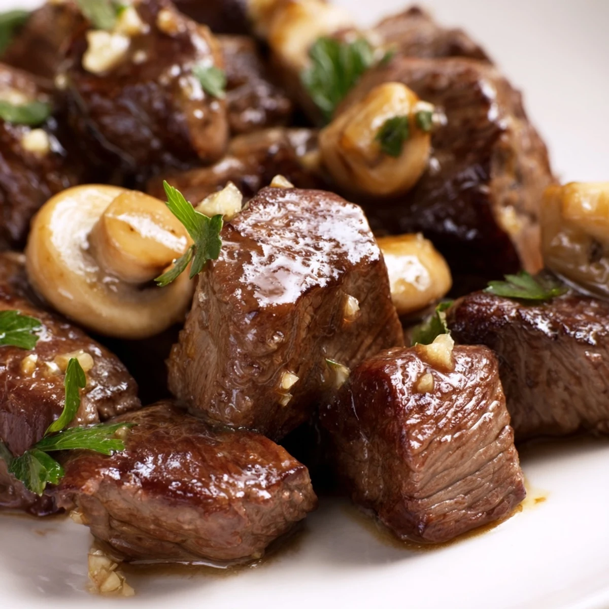 Tender Garlic Butter Steak Bites with Mushrooms sizzling in a skillet, garnished with fresh parsley and thyme, perfect for a quick low-carb weeknight meal.