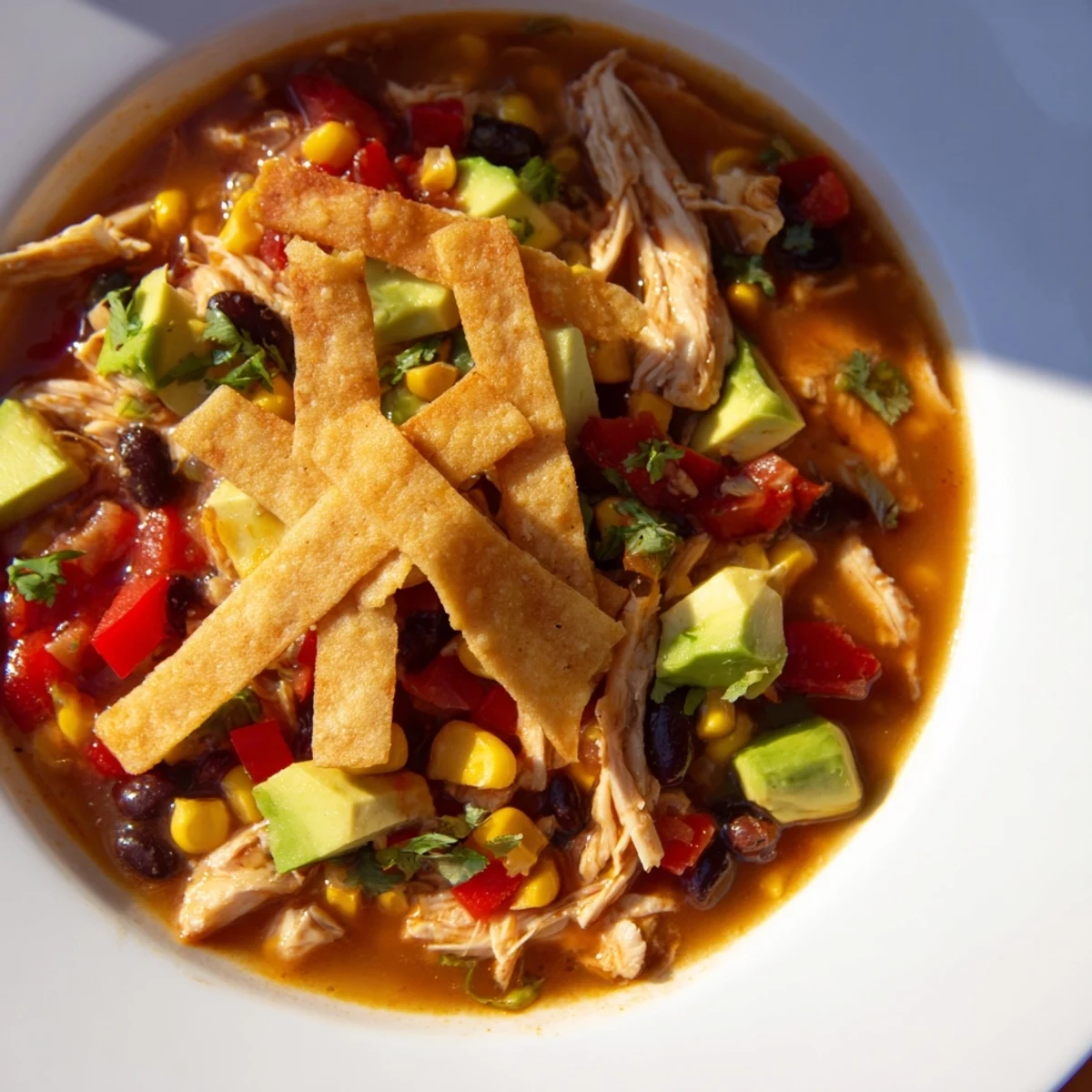 Hearty Chicken Tortilla Soup with Crispy Strips served hot in a rustic bowl topped with fresh cilantro.