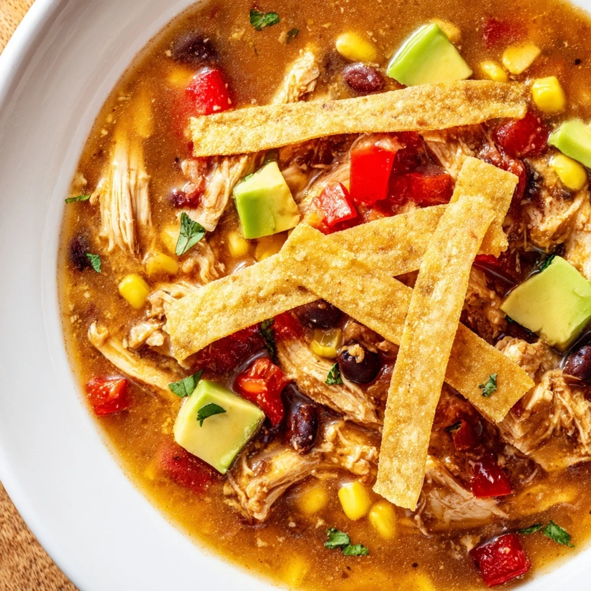 Homemade Chicken Tortilla Soup with Crispy Strips, colorful vegetables, and golden baked tortilla strips in a soup pot.