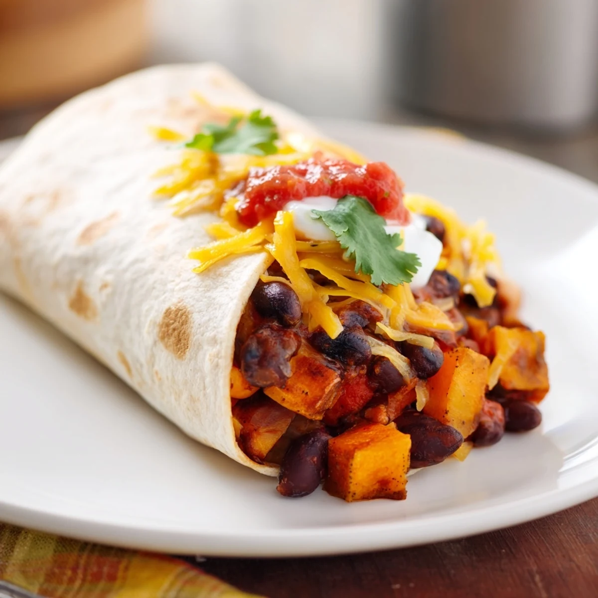 Hearty and colorful Roasted Sweet Potato and Black Bean Burritos, perfect for a vegetarian weeknight dinner with lime wedges.