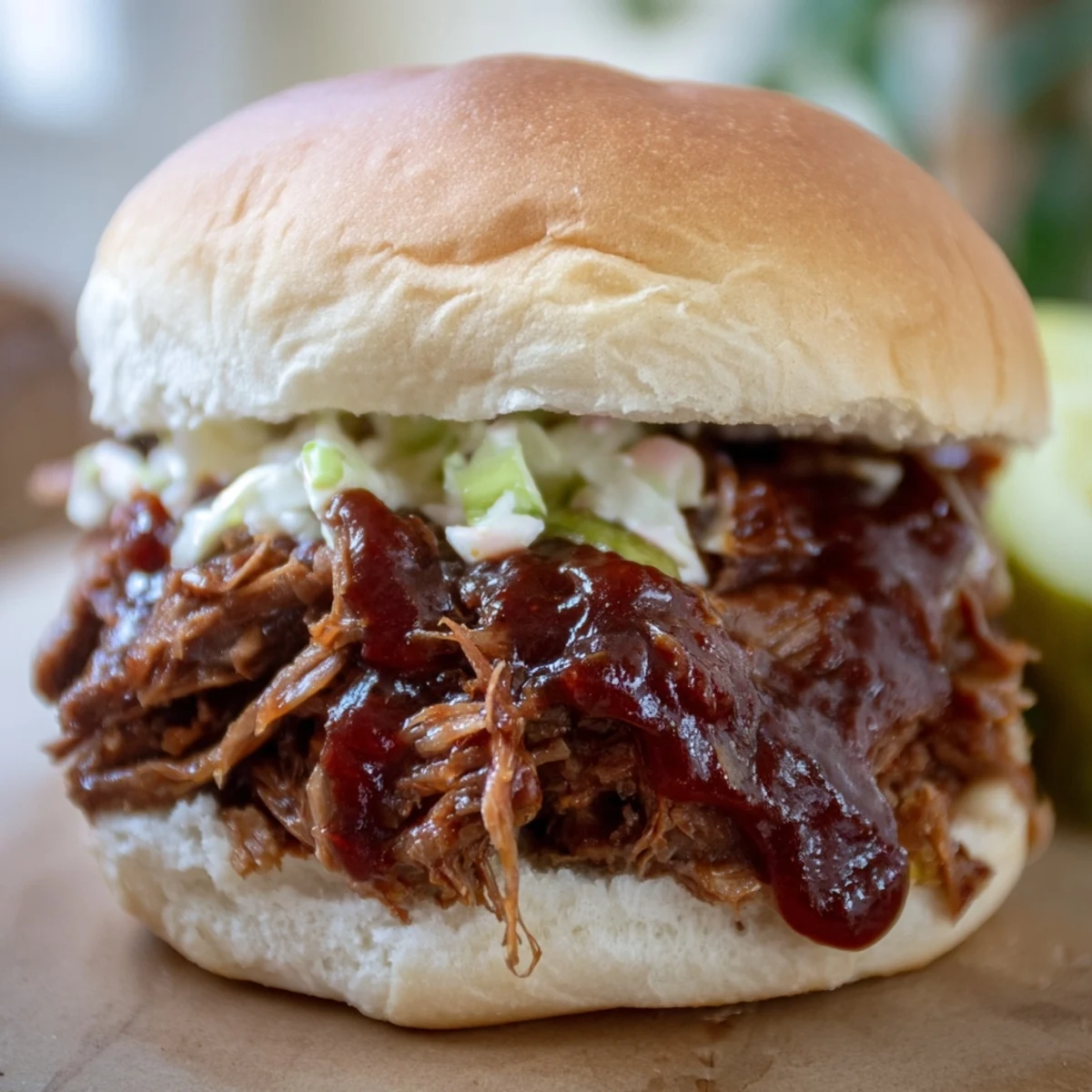 Tender shredded Beef Brisket Sliders piled high on soft buns with tangy homemade BBQ sauce and a side of crisp pickles for game day.  
