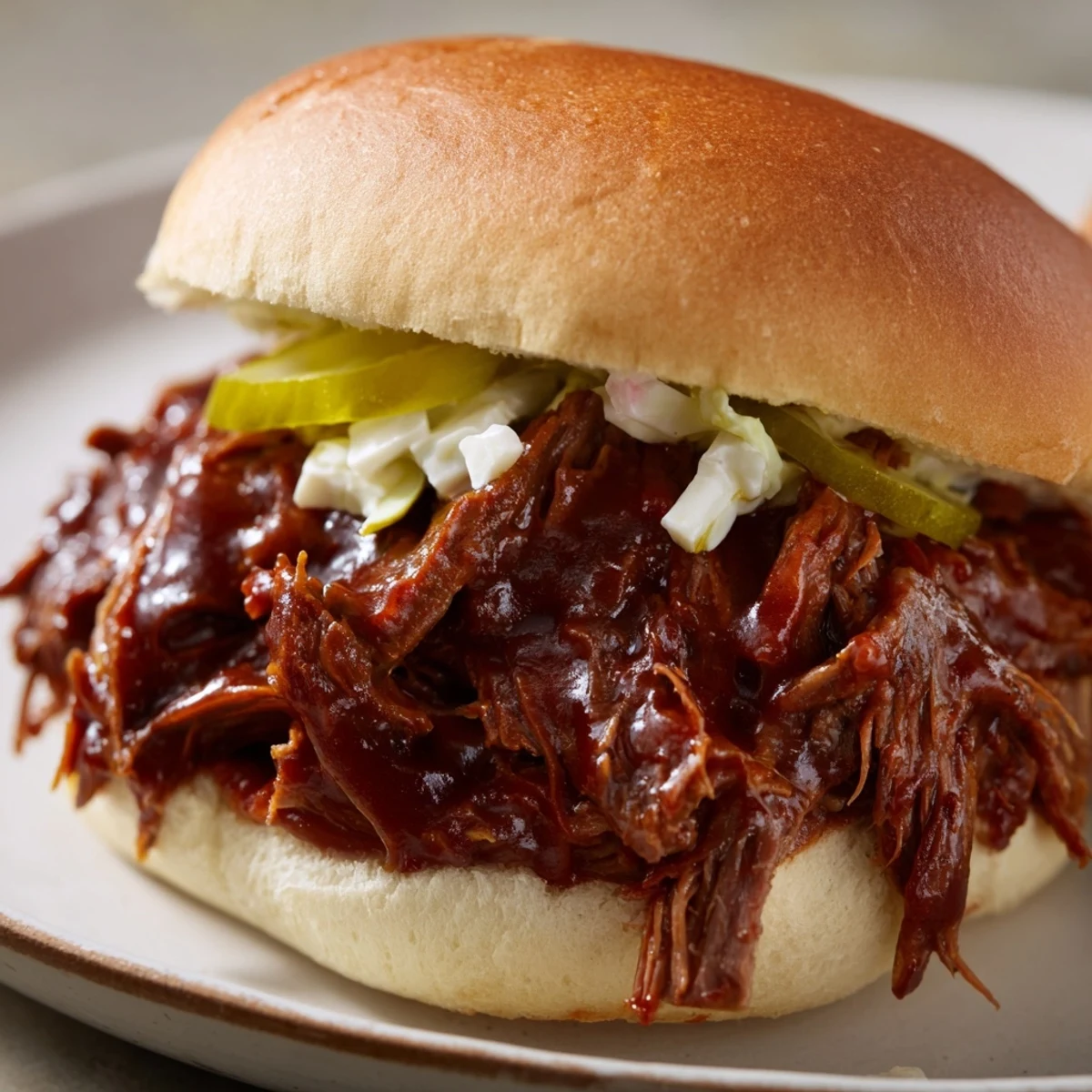 Golden toasted slider buns cradling slow-cooked Beef Brisket Sliders, drizzled with smoky BBQ sauce and creamy coleslaw at a casual backyard party.  