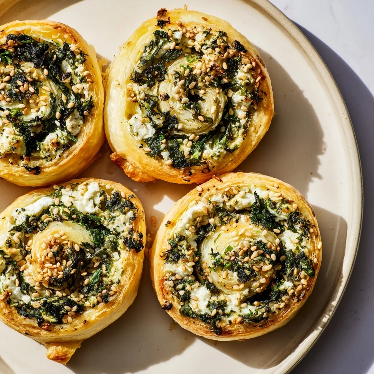Golden-baked Spinach and Feta Puff Pastry Pinwheels arranged on a cooling rack, revealing flaky layers and a vibrant green spinach filling.