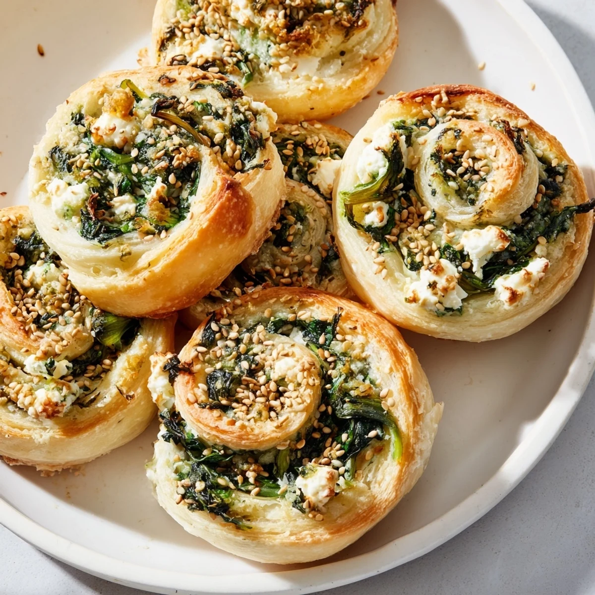 A close-up of Spinach and Feta Puff Pastry Pinwheels, showing melted feta and aromatic herbs inside crispy, golden-brown spirals.