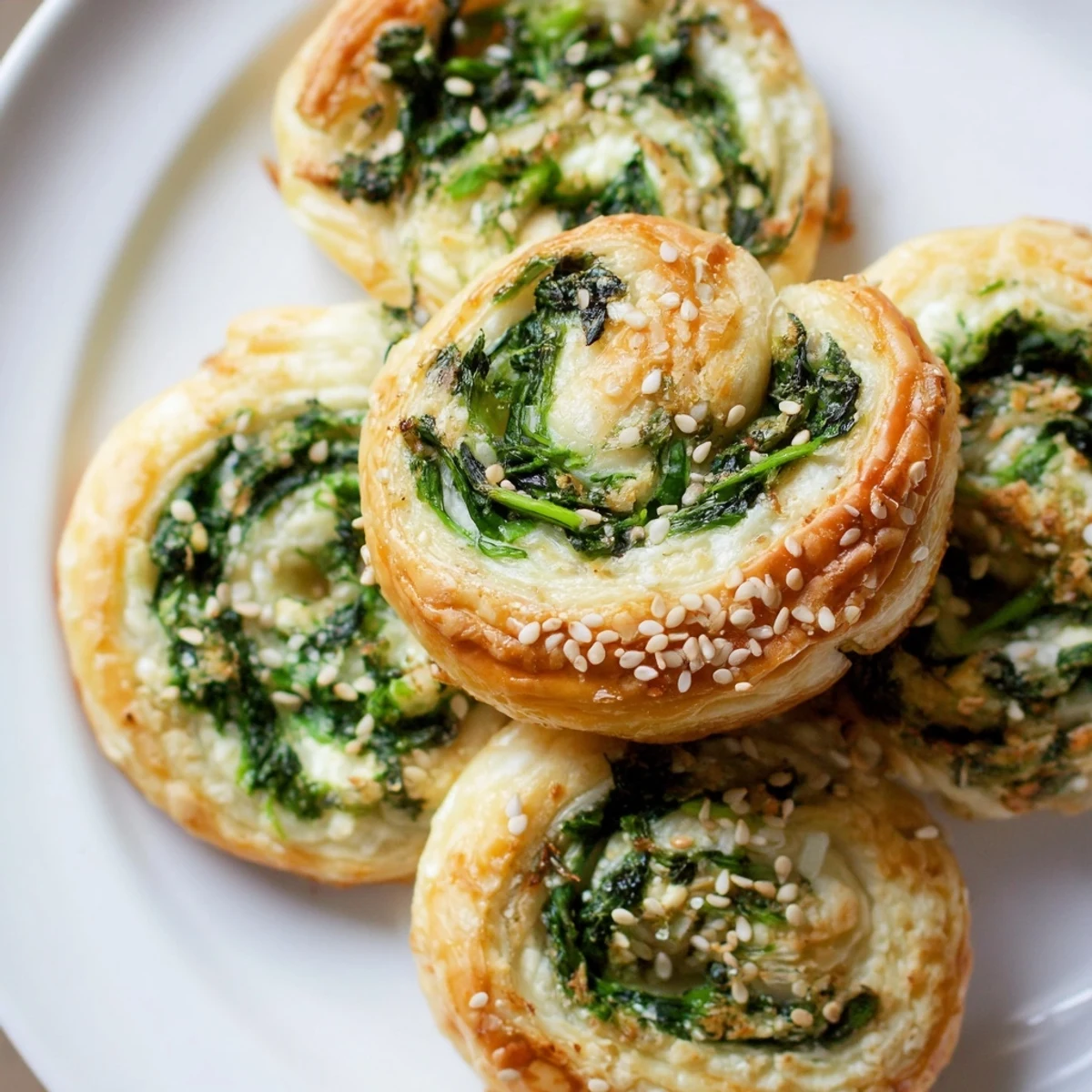 Freshly baked Spinach and Feta Puff Pastry Pinwheels on a rustic wooden board, ready to be served as an appetizer.